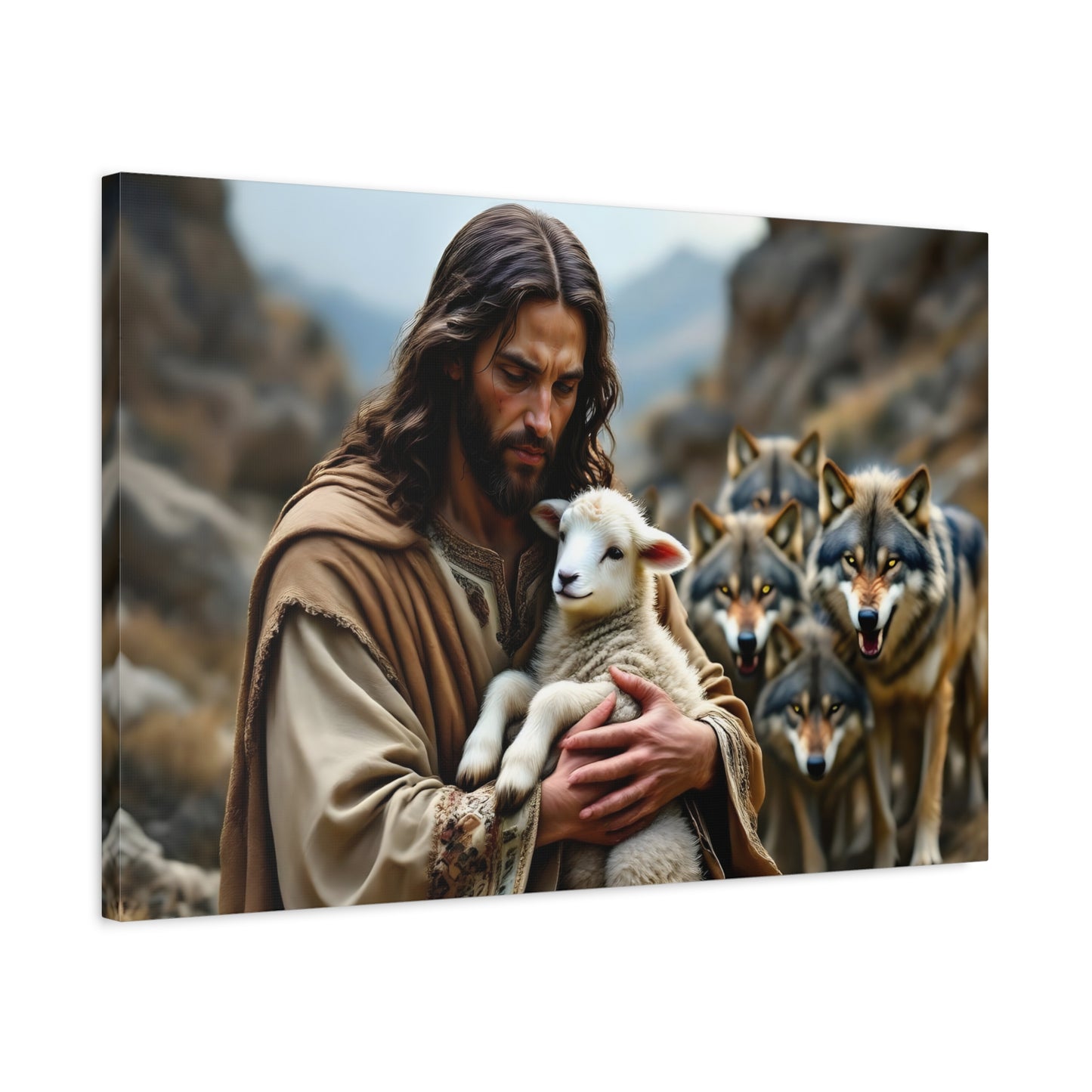Faith Inspirational Matte Canvas Art - Jesus with Lamb and Wolves - Home Decor for Faith and Spirituality