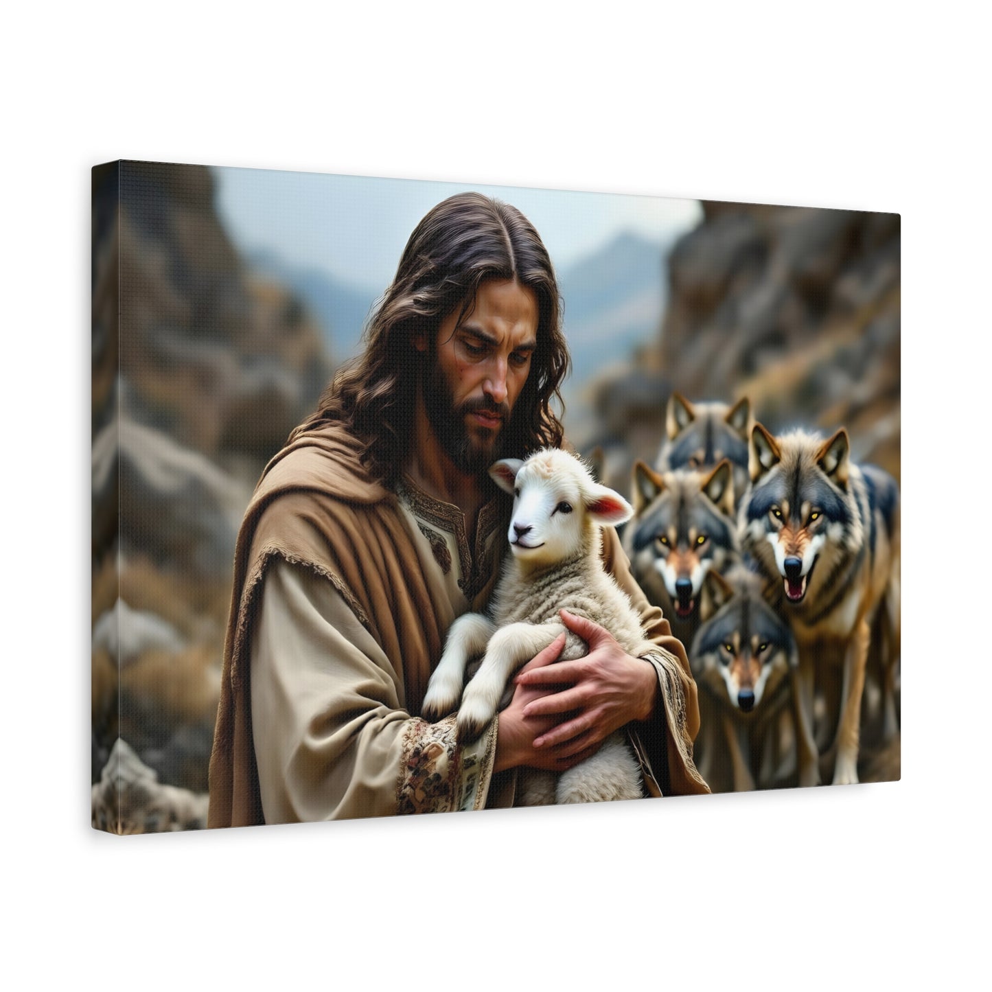 Faith Inspirational Matte Canvas Art - Jesus with Lamb and Wolves - Home Decor for Faith and Spirituality