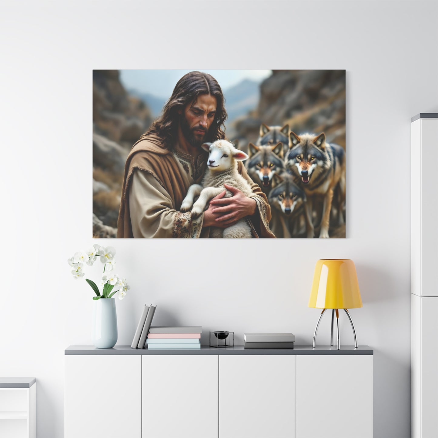 Faith Inspirational Matte Canvas Art - Jesus with Lamb and Wolves - Home Decor for Faith and Spirituality
