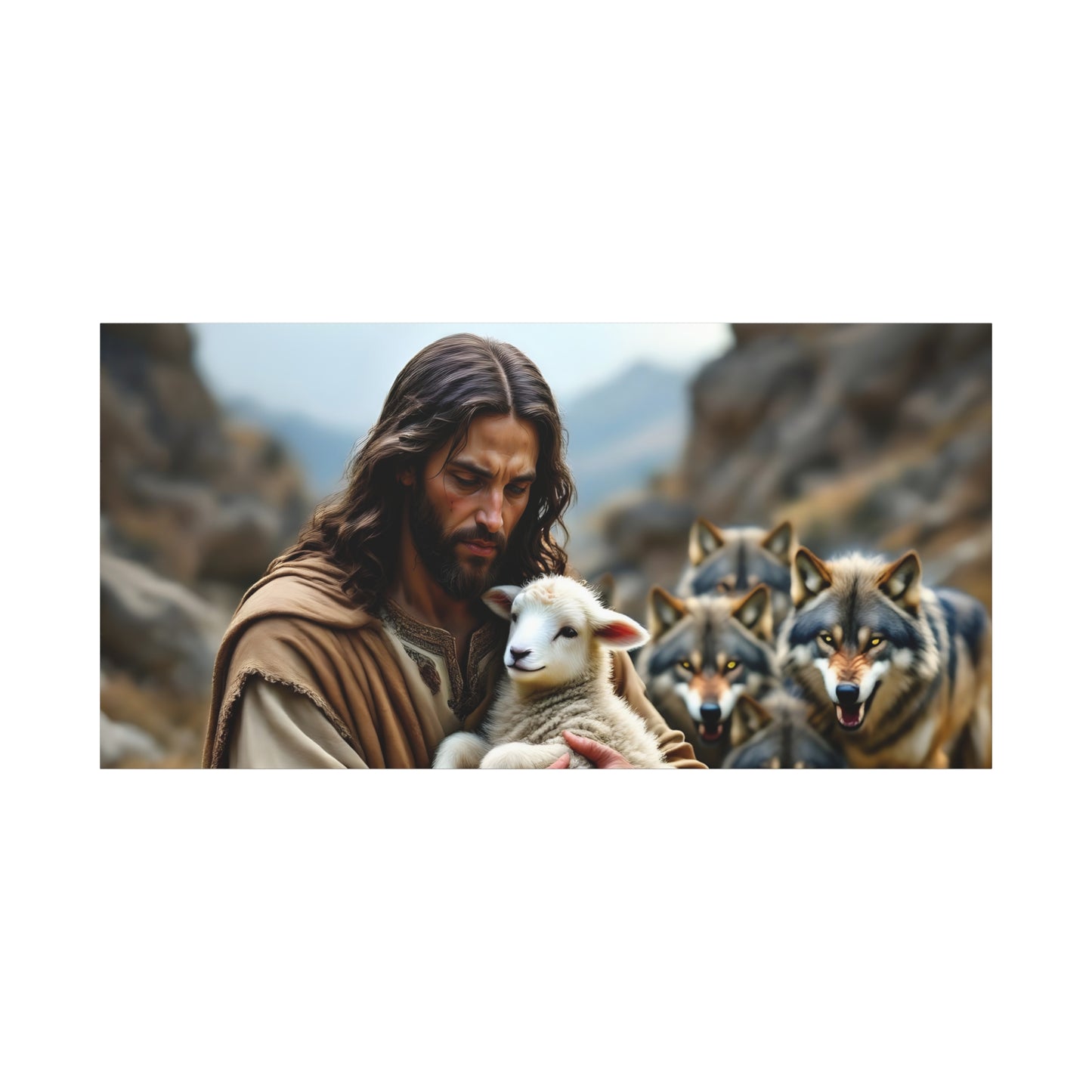 Faith Inspirational Matte Canvas Art - Jesus with Lamb and Wolves - Home Decor for Faith and Spirituality