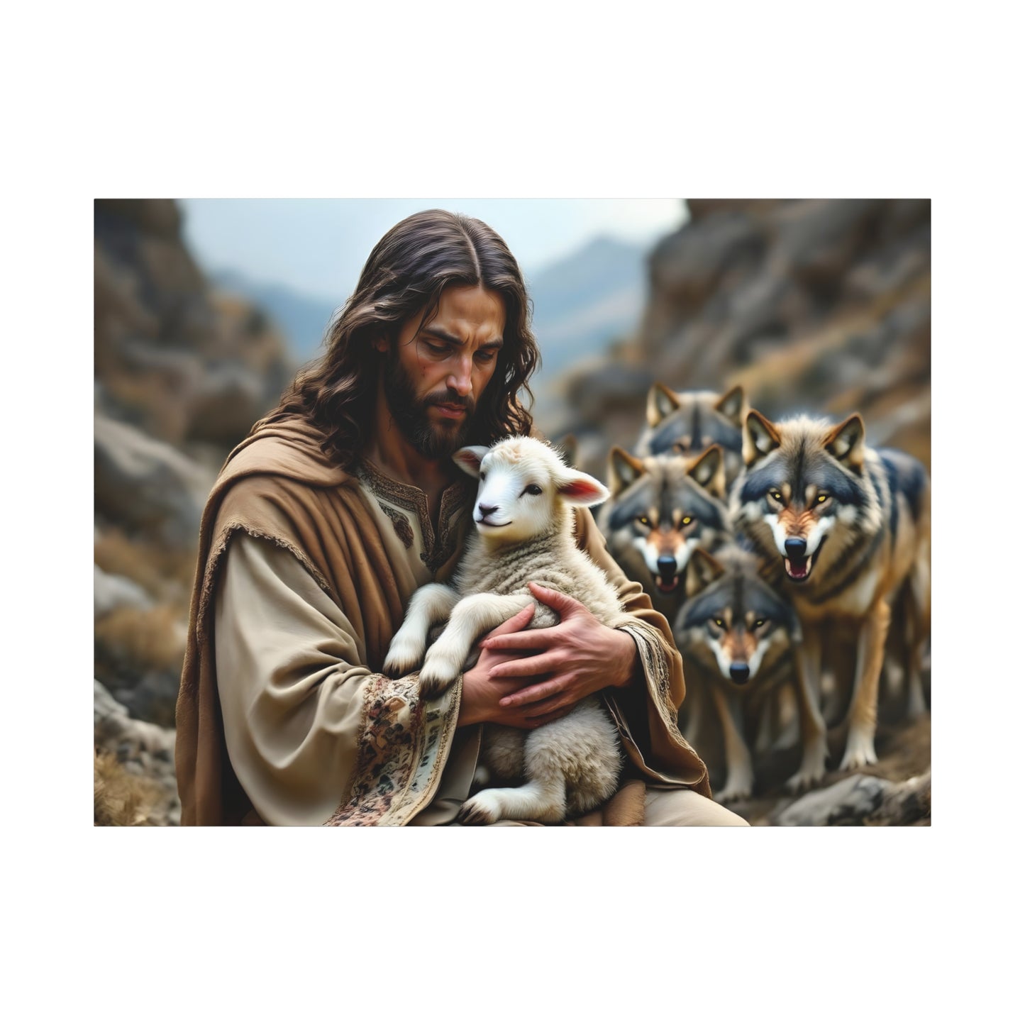 Faith Inspirational Matte Canvas Art - Jesus with Lamb and Wolves - Home Decor for Faith and Spirituality
