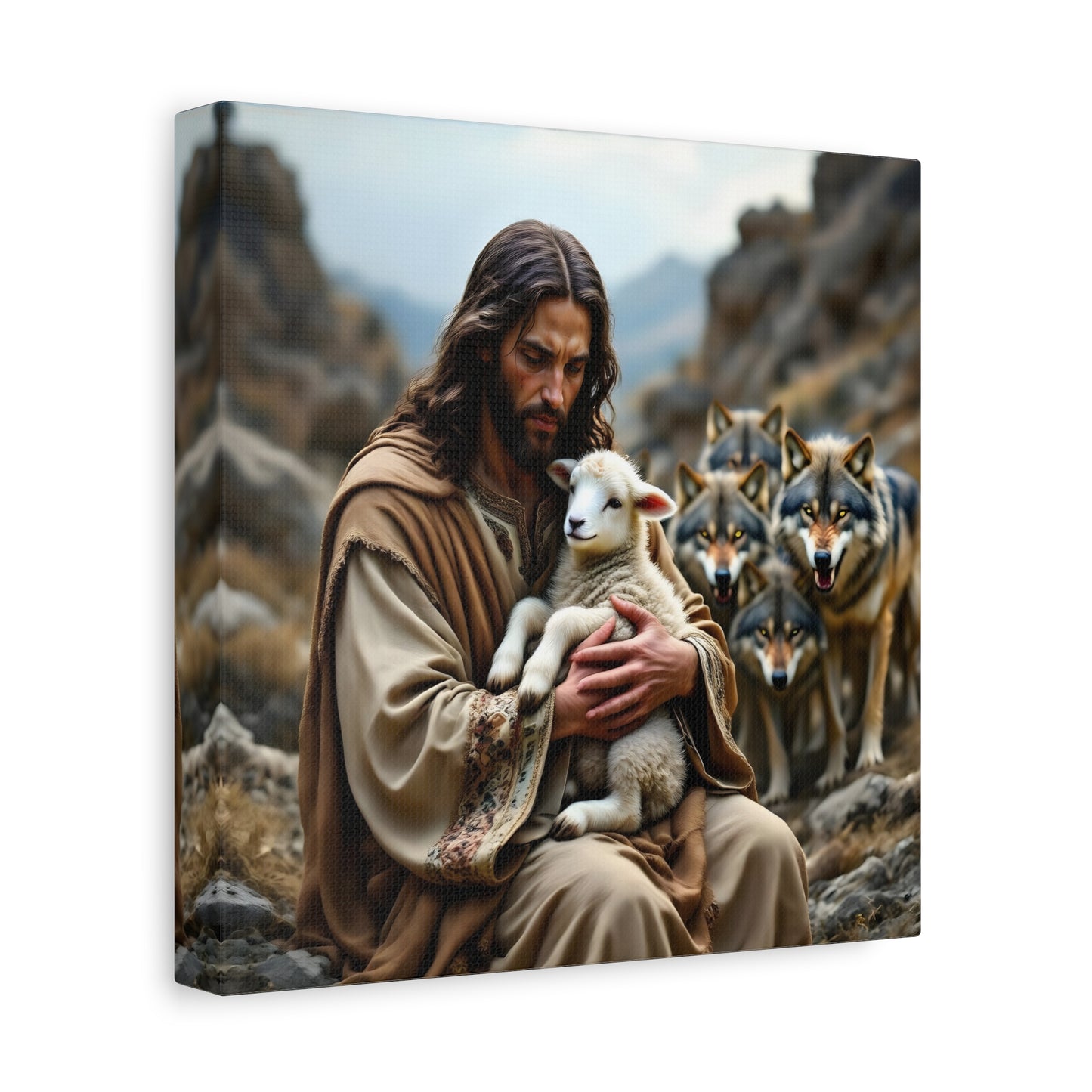 Faith Inspirational Matte Canvas Art - Jesus with Lamb and Wolves - Home Decor for Faith and Spirituality