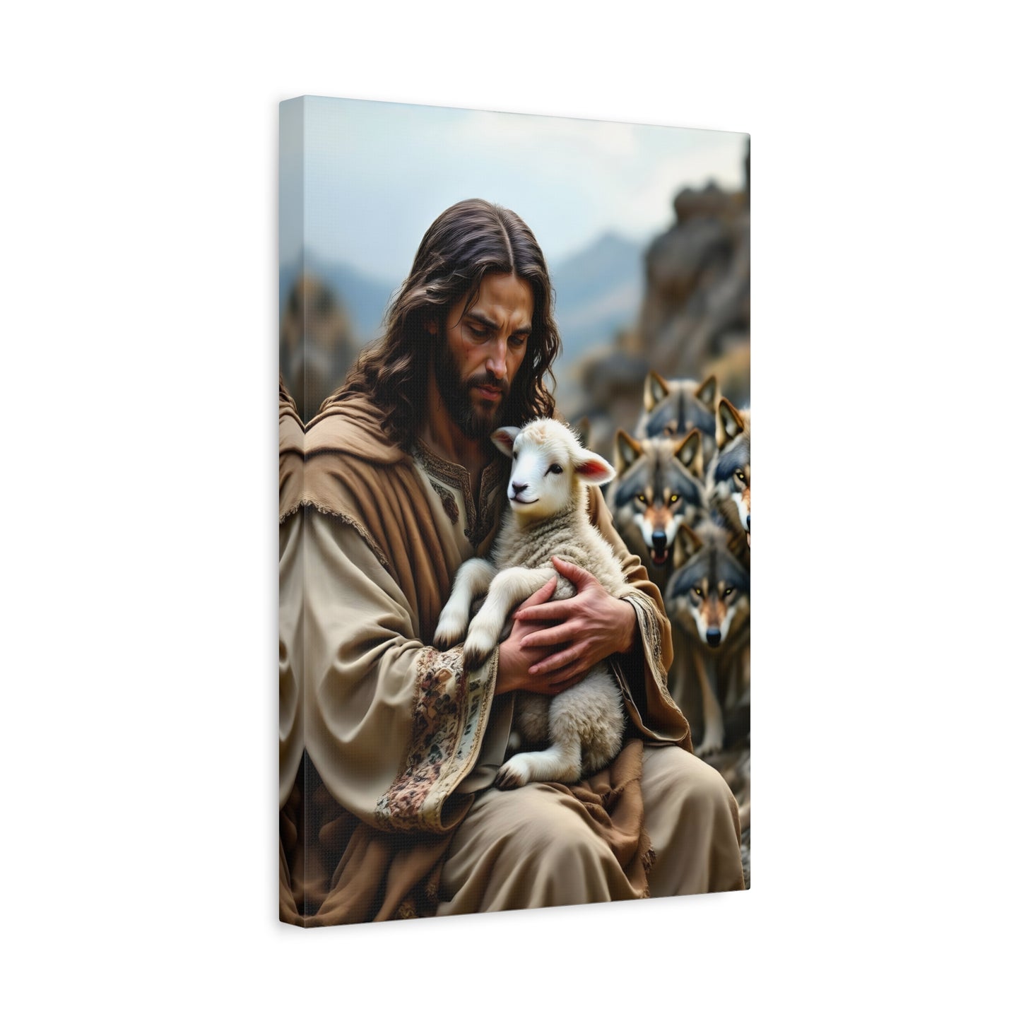 Faith Inspirational Matte Canvas Art - Jesus with Lamb and Wolves - Home Decor for Faith and Spirituality