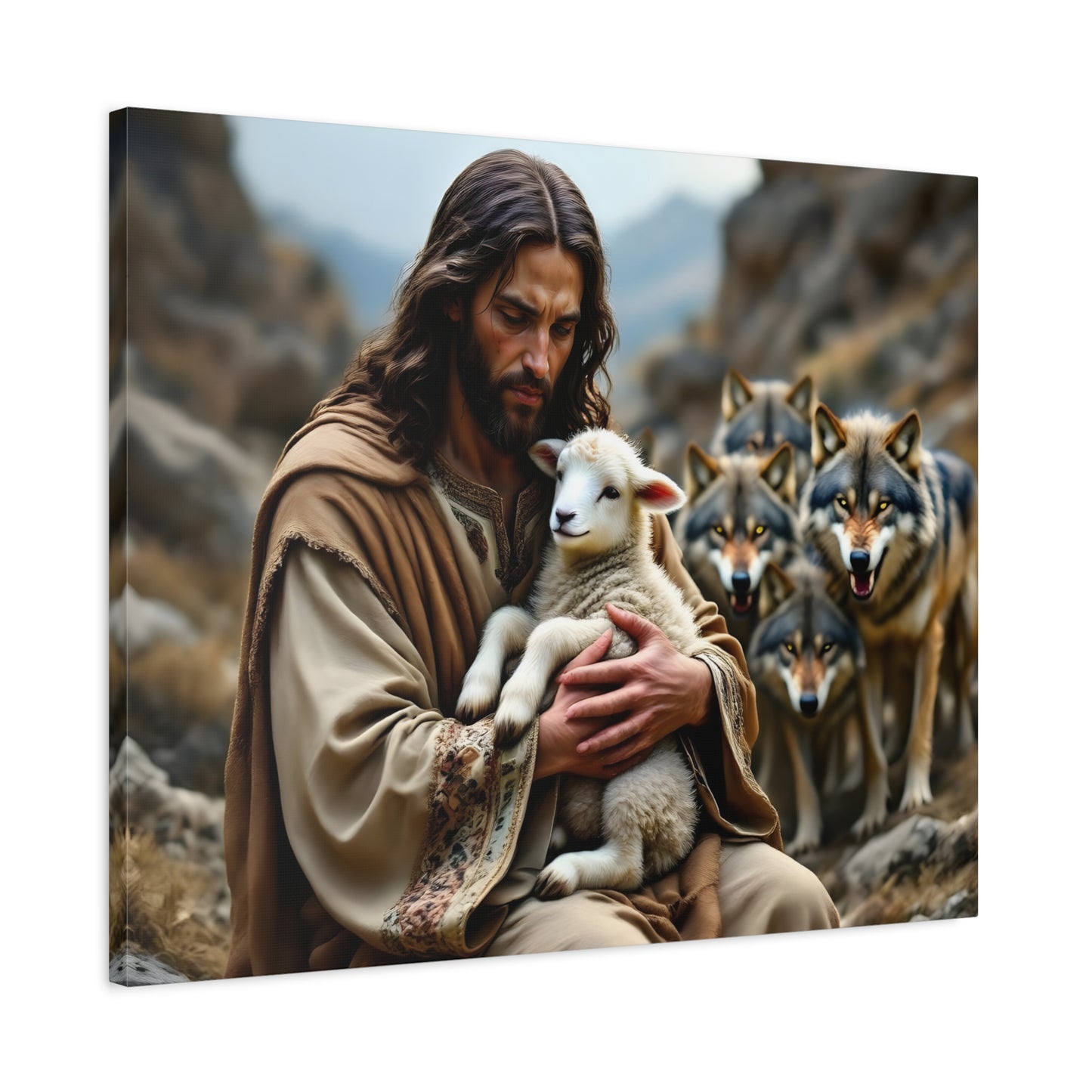 Faith Inspirational Matte Canvas Art - Jesus with Lamb and Wolves - Home Decor for Faith and Spirituality