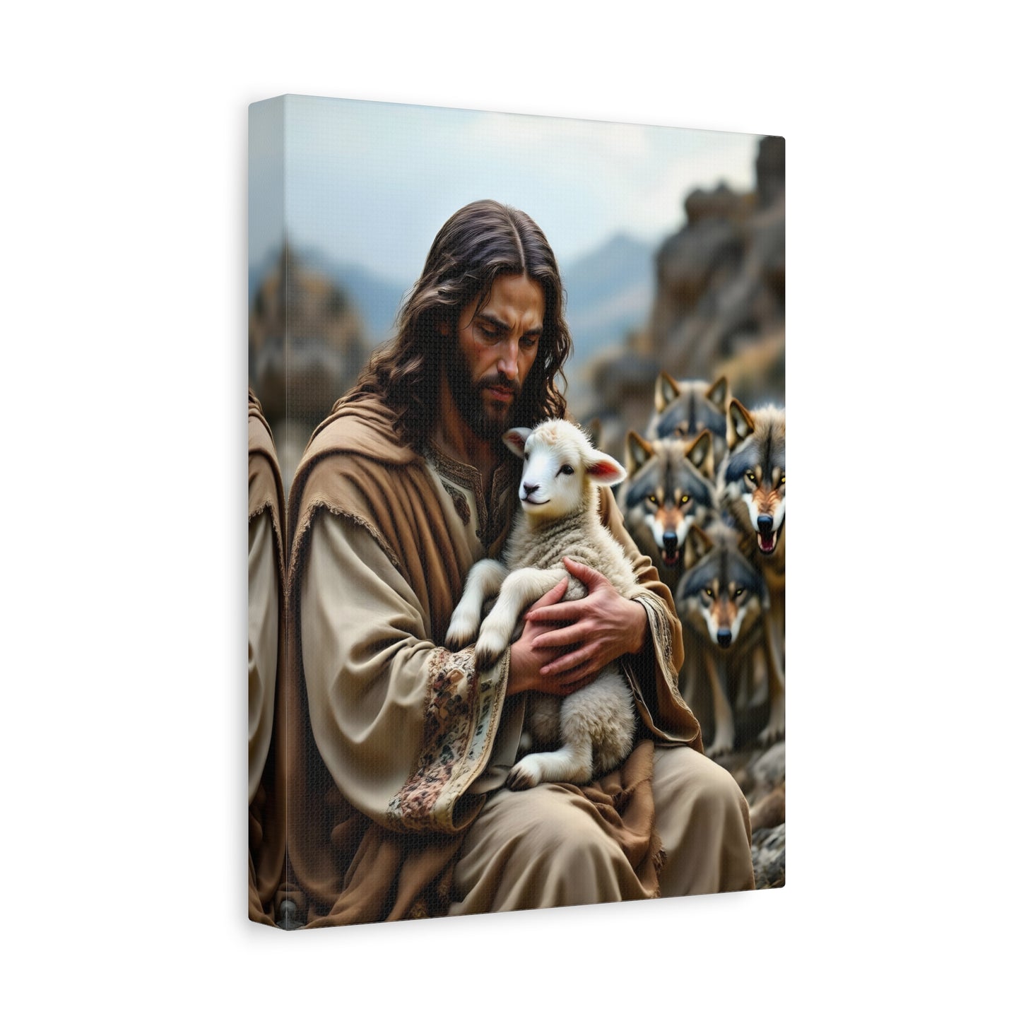 Faith Inspirational Matte Canvas Art - Jesus with Lamb and Wolves - Home Decor for Faith and Spirituality