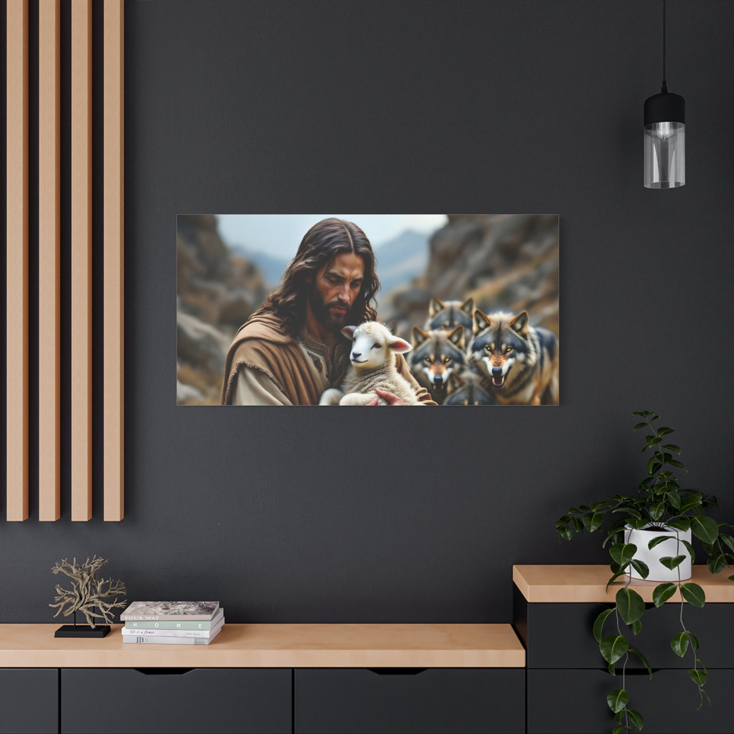 Faith Inspirational Matte Canvas Art - Jesus with Lamb and Wolves - Home Decor for Faith and Spirituality