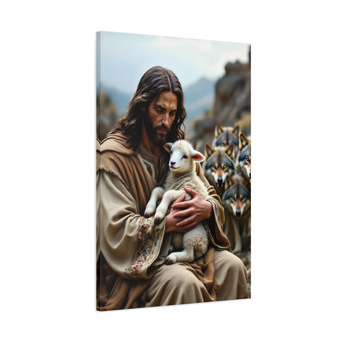 Faith Inspirational Matte Canvas Art - Jesus with Lamb and Wolves - Home Decor for Faith and Spirituality