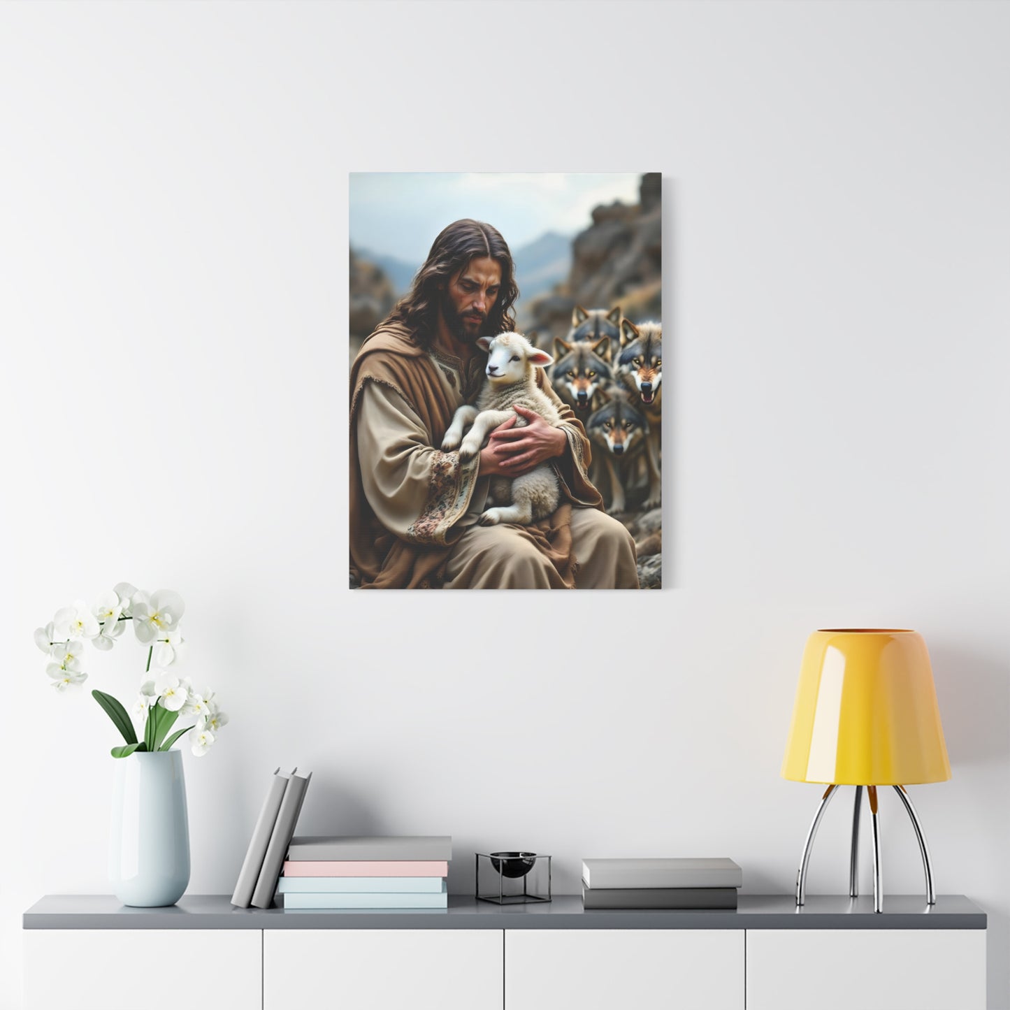 Faith Inspirational Matte Canvas Art - Jesus with Lamb and Wolves - Home Decor for Faith and Spirituality