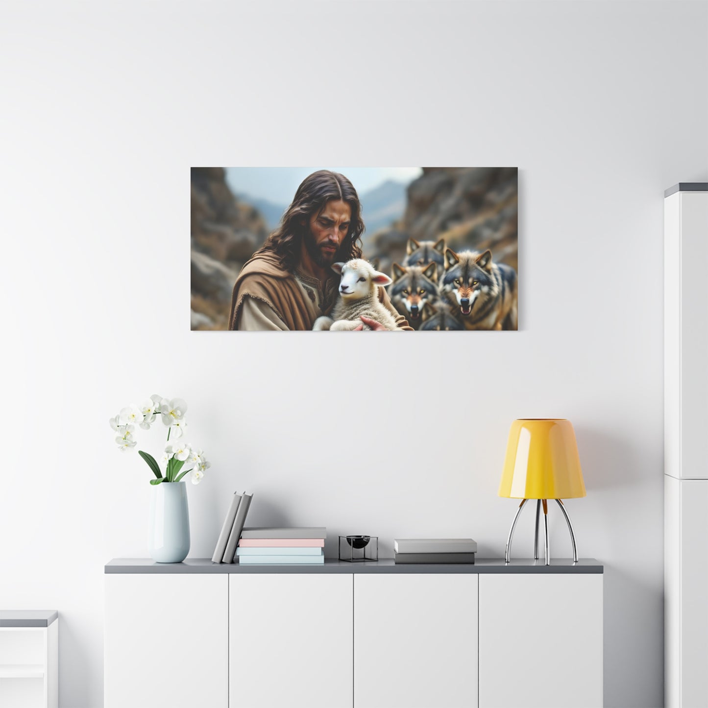 Faith Inspirational Matte Canvas Art - Jesus with Lamb and Wolves - Home Decor for Faith and Spirituality
