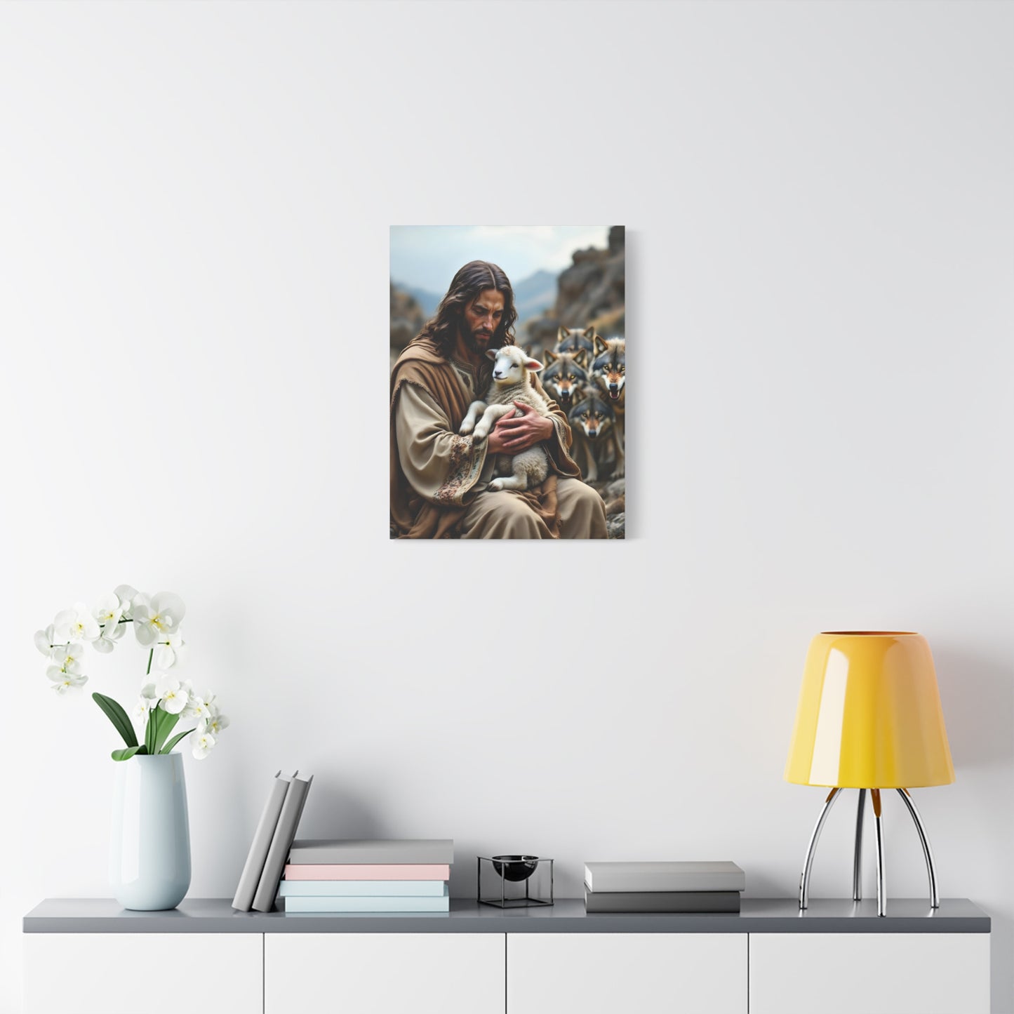 Faith Inspirational Matte Canvas Art - Jesus with Lamb and Wolves - Home Decor for Faith and Spirituality
