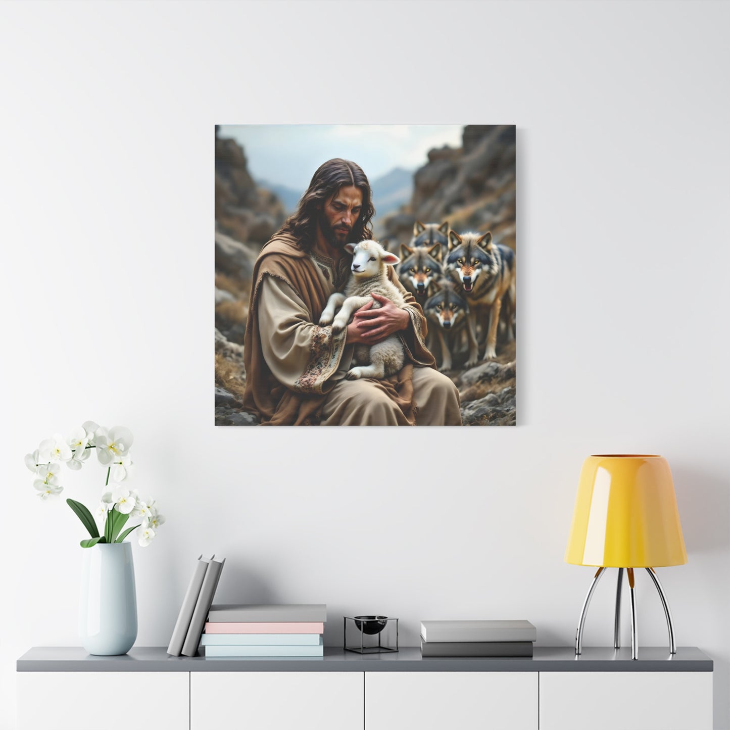 Faith Inspirational Matte Canvas Art - Jesus with Lamb and Wolves - Home Decor for Faith and Spirituality