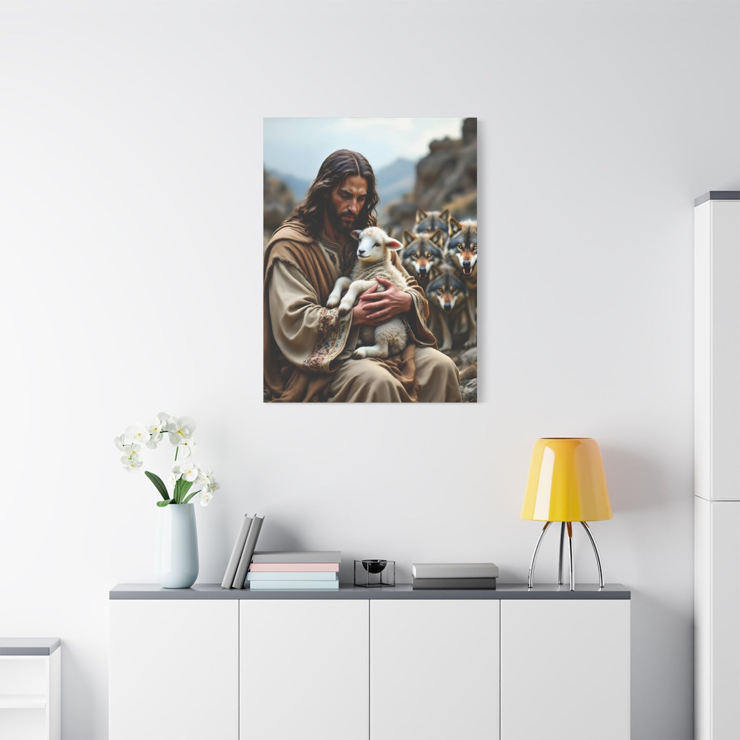 Faith Inspirational Matte Canvas Art - Jesus with Lamb and Wolves - Home Decor for Faith and Spirituality