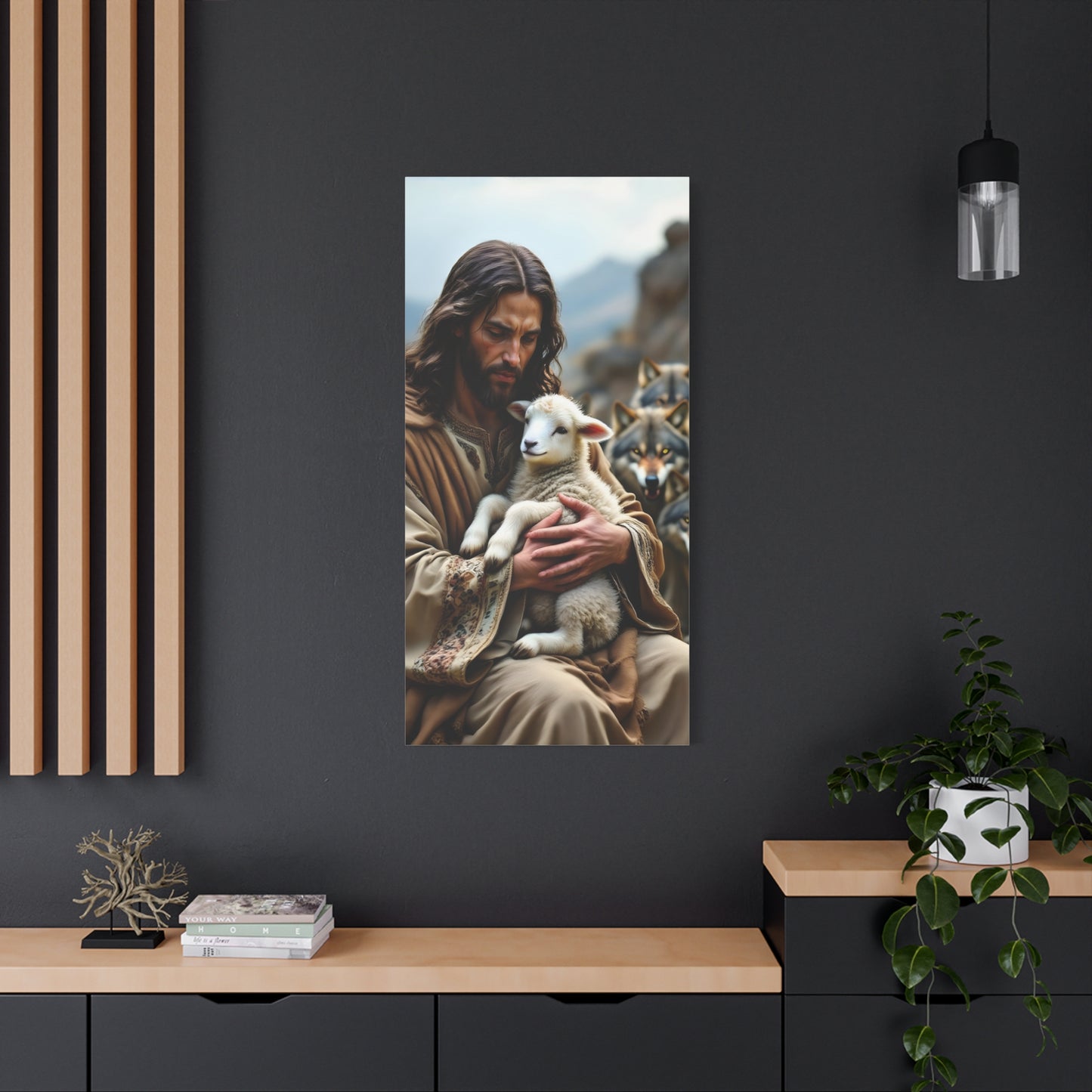 Faith Inspirational Matte Canvas Art - Jesus with Lamb and Wolves - Home Decor for Faith and Spirituality