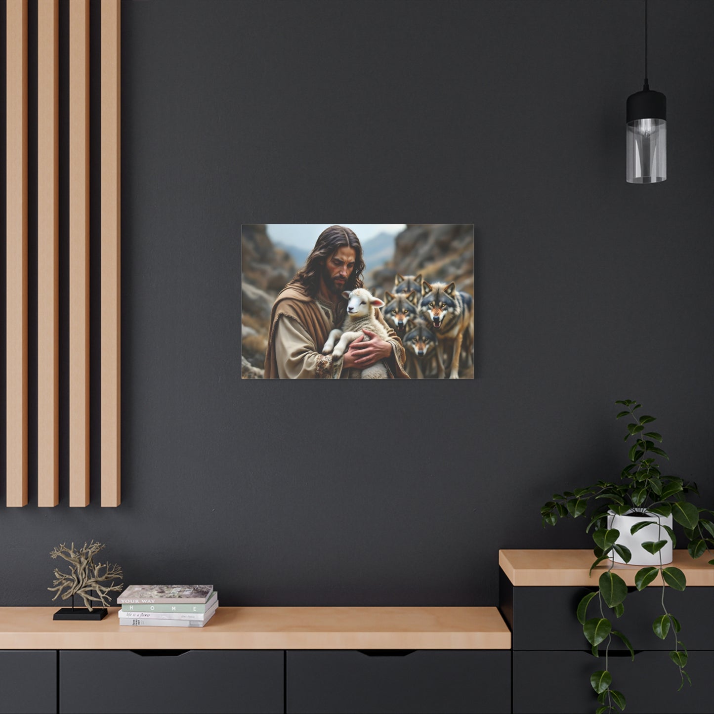 Faith Inspirational Matte Canvas Art - Jesus with Lamb and Wolves - Home Decor for Faith and Spirituality