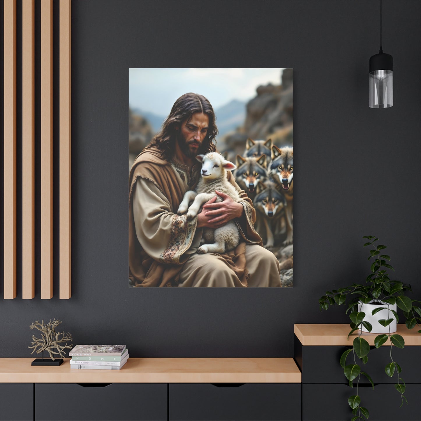Faith Inspirational Matte Canvas Art - Jesus with Lamb and Wolves - Home Decor for Faith and Spirituality