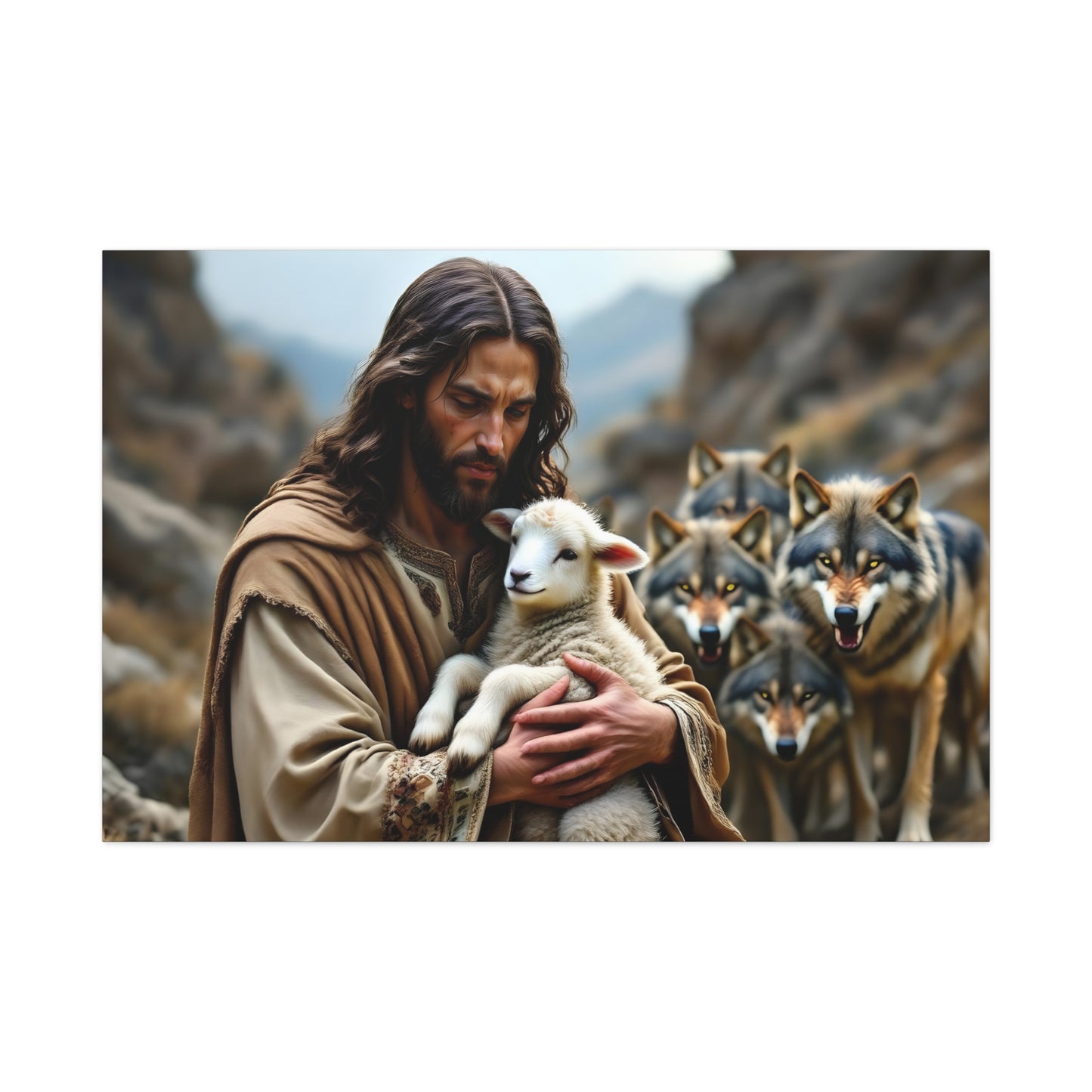 Faith Inspirational Matte Canvas Art - Jesus with Lamb and Wolves - Home Decor for Faith and Spirituality