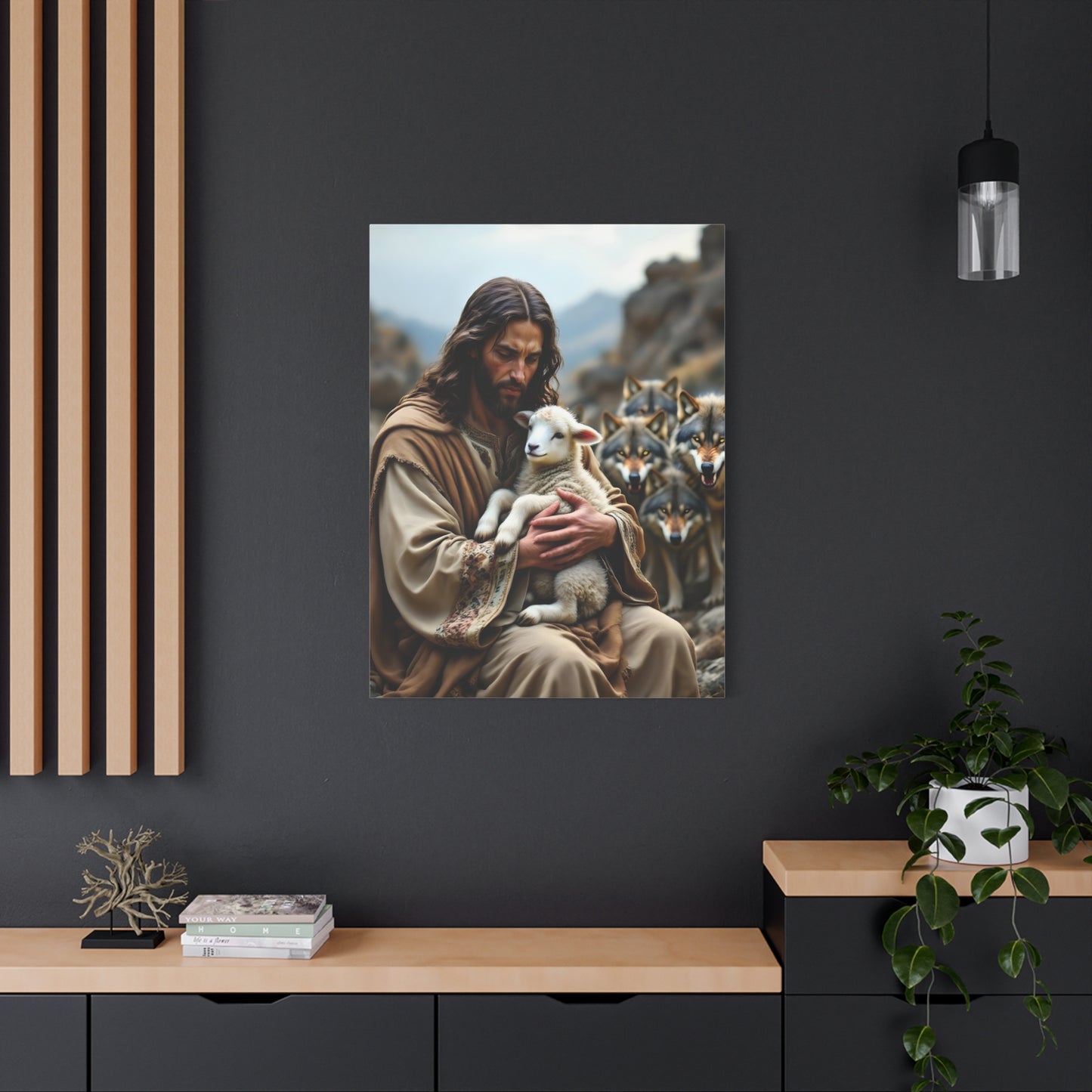 Faith Inspirational Matte Canvas Art - Jesus with Lamb and Wolves - Home Decor for Faith and Spirituality