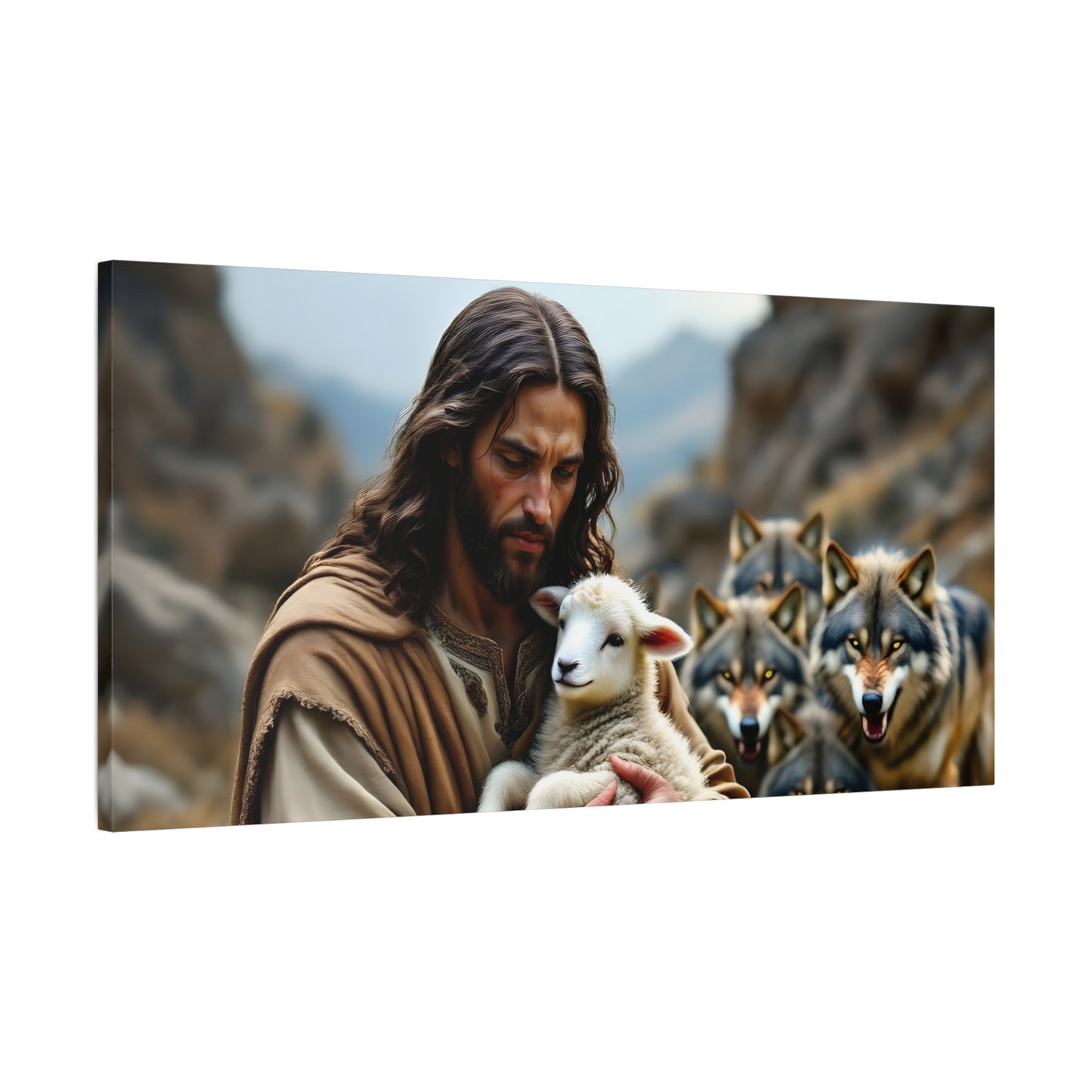Faith Inspirational Matte Canvas Art - Jesus with Lamb and Wolves - Home Decor for Faith and Spirituality