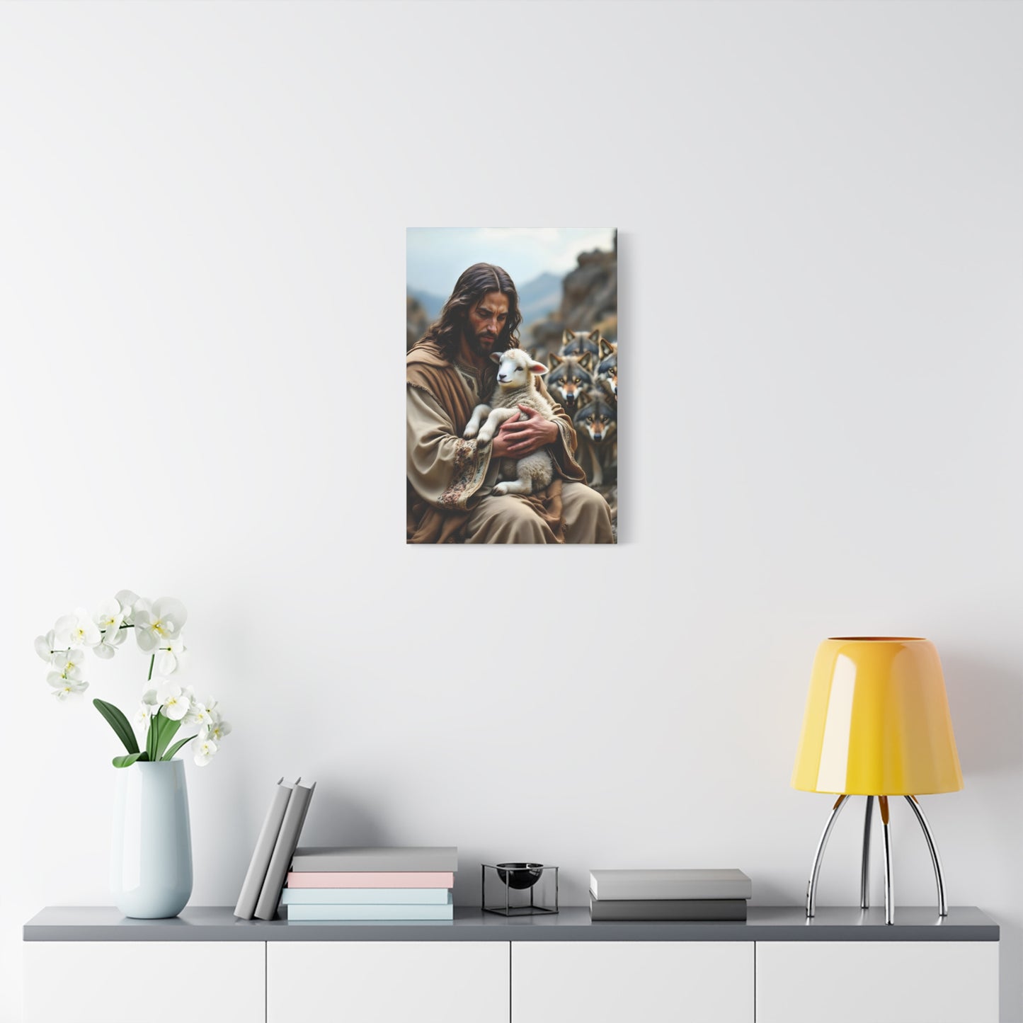 Faith Inspirational Matte Canvas Art - Jesus with Lamb and Wolves - Home Decor for Faith and Spirituality
