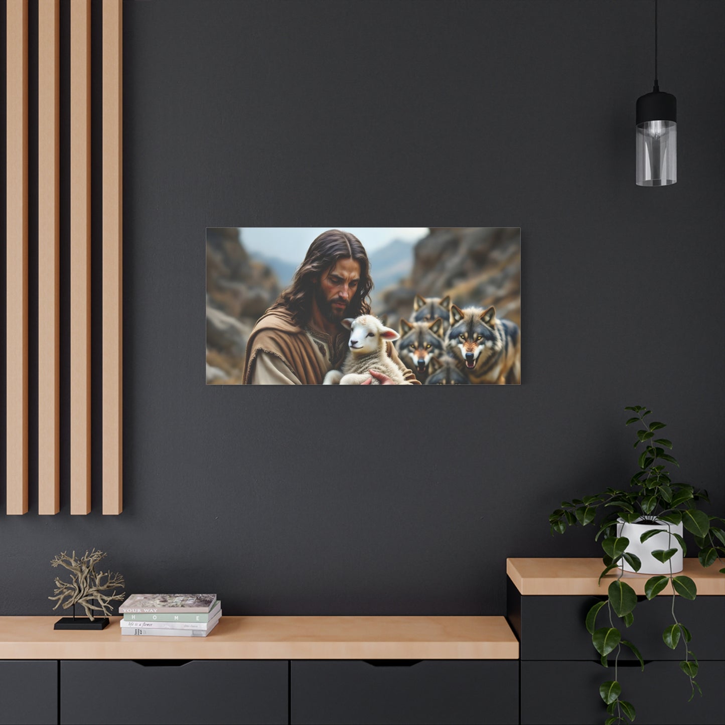 Faith Inspirational Matte Canvas Art - Jesus with Lamb and Wolves - Home Decor for Faith and Spirituality