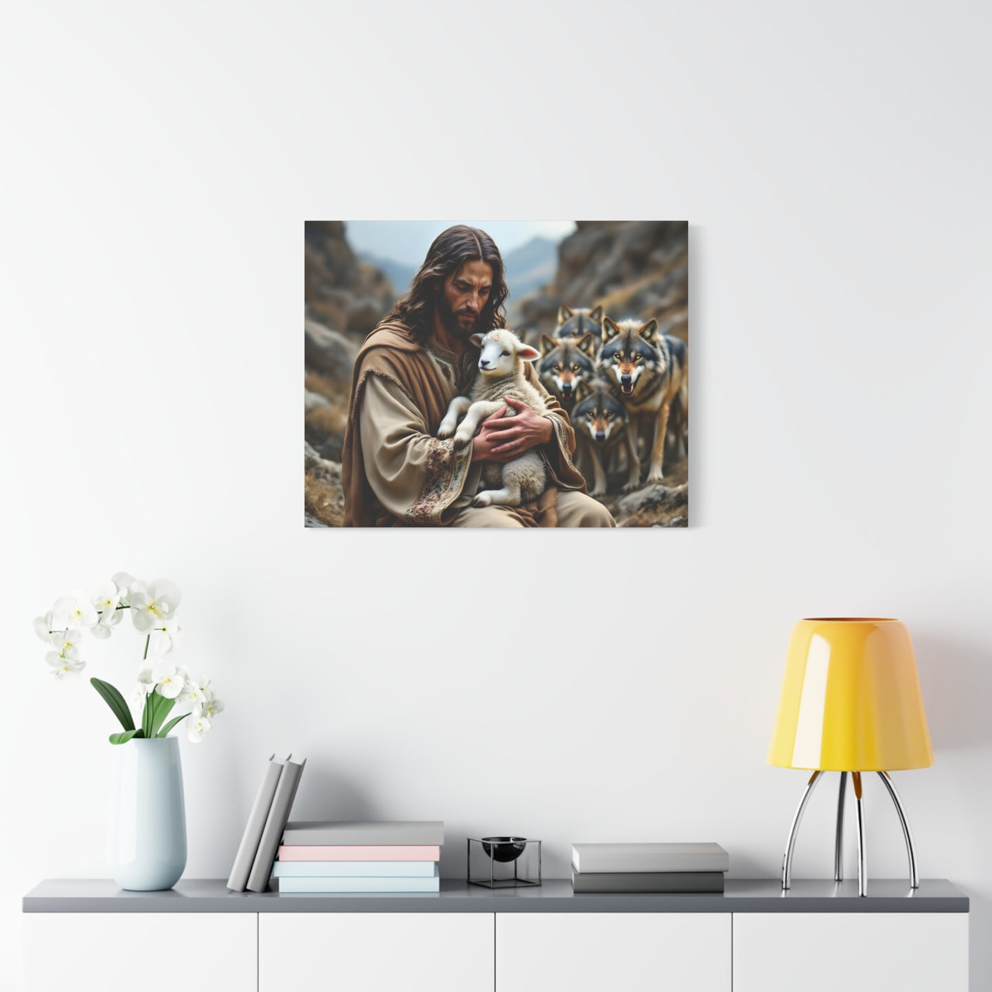 Faith Inspirational Matte Canvas Art - Jesus with Lamb and Wolves - Home Decor for Faith and Spirituality