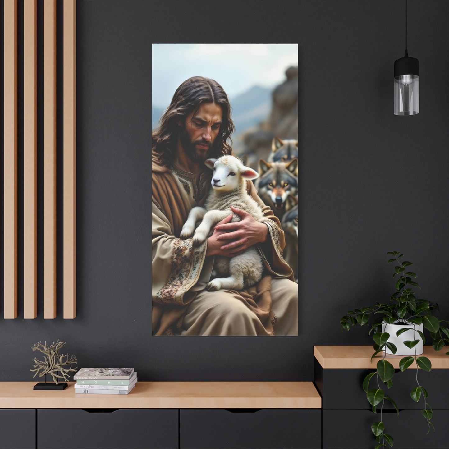 Faith Inspirational Matte Canvas Art - Jesus with Lamb and Wolves - Home Decor for Faith and Spirituality