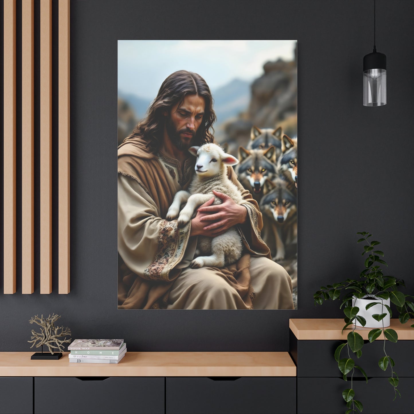 Faith Inspirational Matte Canvas Art - Jesus with Lamb and Wolves - Home Decor for Faith and Spirituality