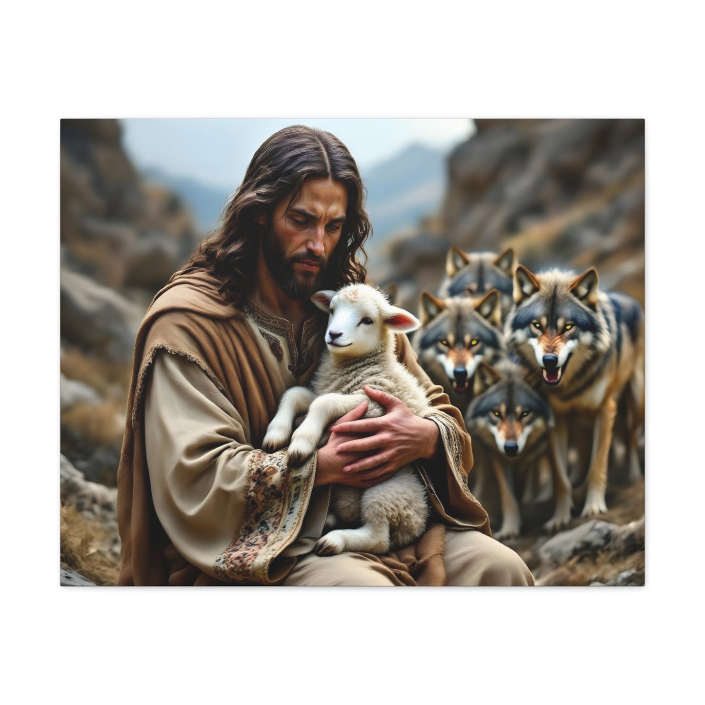 Faith Inspirational Matte Canvas Art - Jesus with Lamb and Wolves - Home Decor for Faith and Spirituality