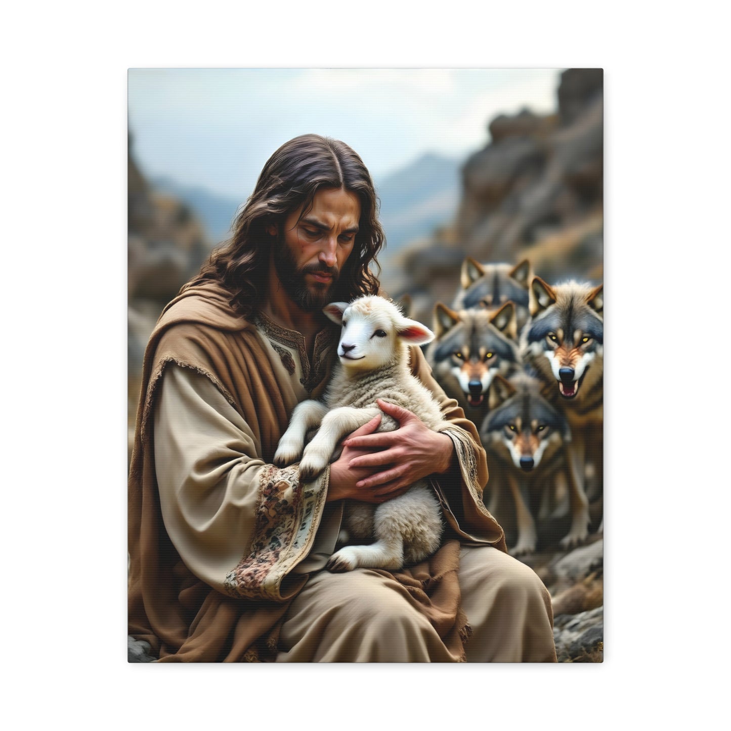 Faith Inspirational Matte Canvas Art - Jesus with Lamb and Wolves - Home Decor for Faith and Spirituality