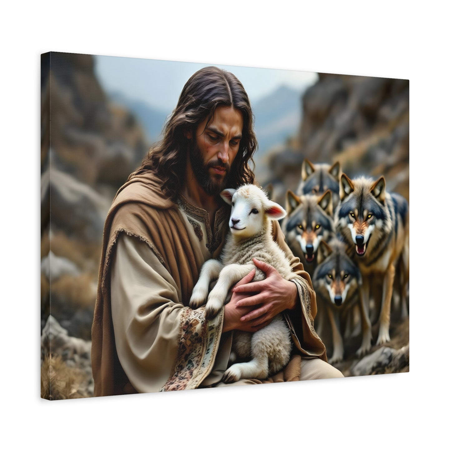 Faith Inspirational Matte Canvas Art - Jesus with Lamb and Wolves - Home Decor for Faith and Spirituality