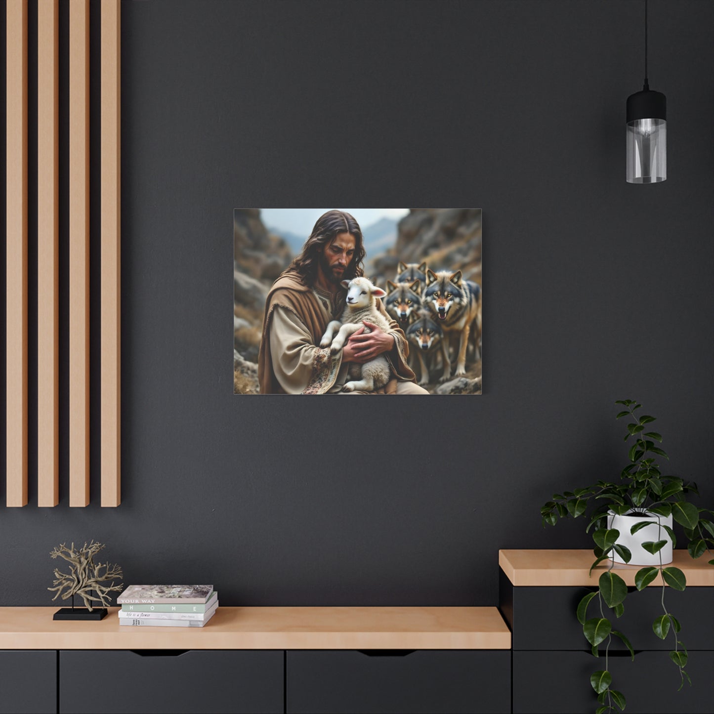 Faith Inspirational Matte Canvas Art - Jesus with Lamb and Wolves - Home Decor for Faith and Spirituality