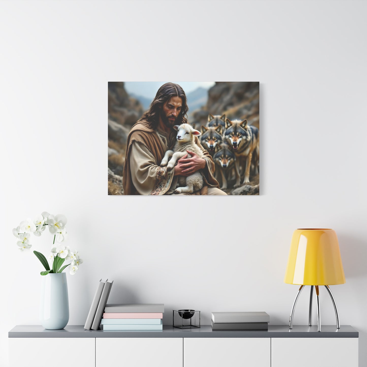 Faith Inspirational Matte Canvas Art - Jesus with Lamb and Wolves - Home Decor for Faith and Spirituality