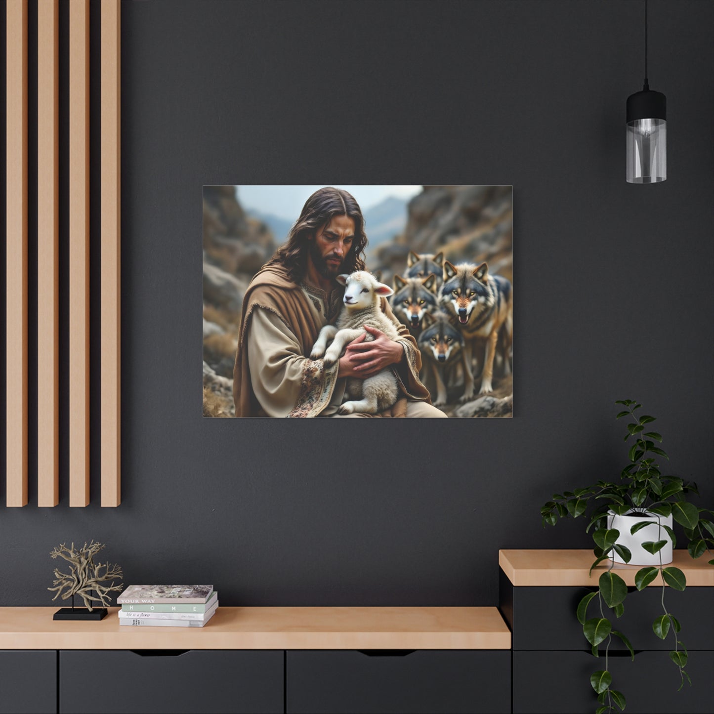 Faith Inspirational Matte Canvas Art - Jesus with Lamb and Wolves - Home Decor for Faith and Spirituality
