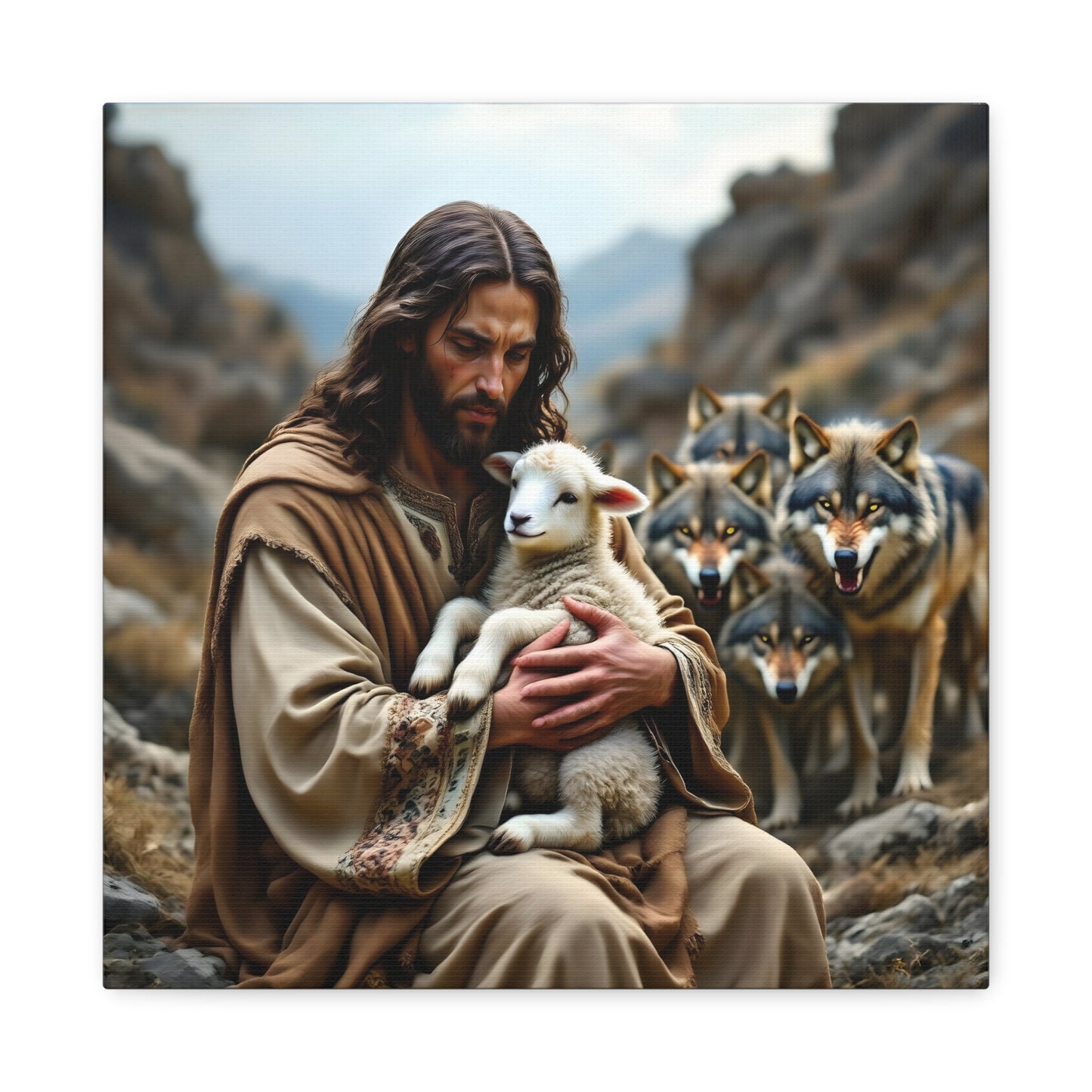 Faith Inspirational Matte Canvas Art - Jesus with Lamb and Wolves - Home Decor for Faith and Spirituality