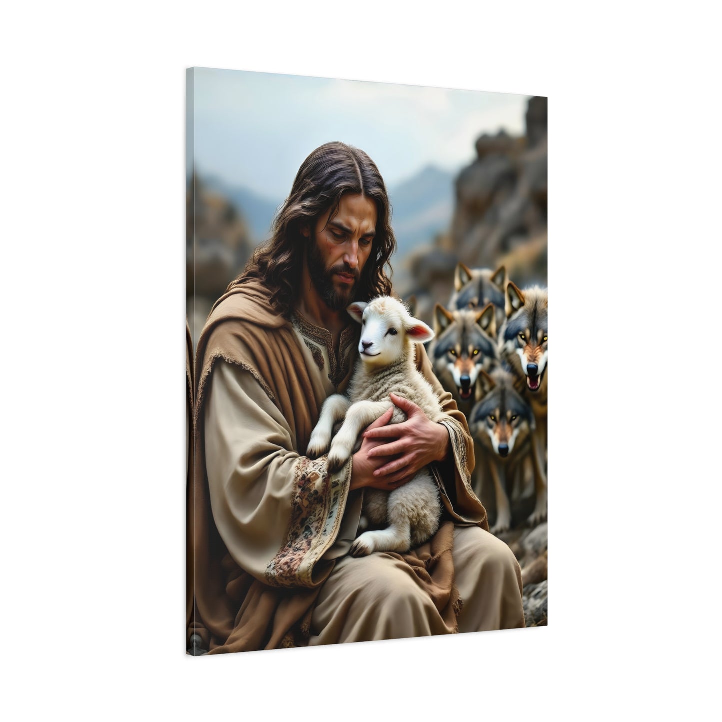 Faith Inspirational Matte Canvas Art - Jesus with Lamb and Wolves - Home Decor for Faith and Spirituality