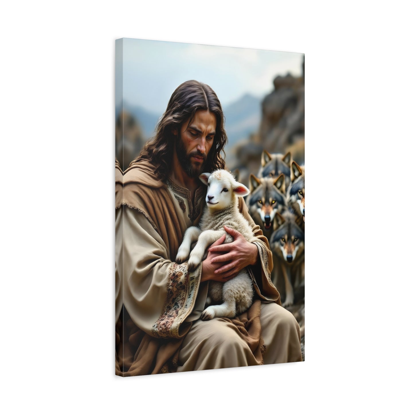 Faith Inspirational Matte Canvas Art - Jesus with Lamb and Wolves - Home Decor for Faith and Spirituality