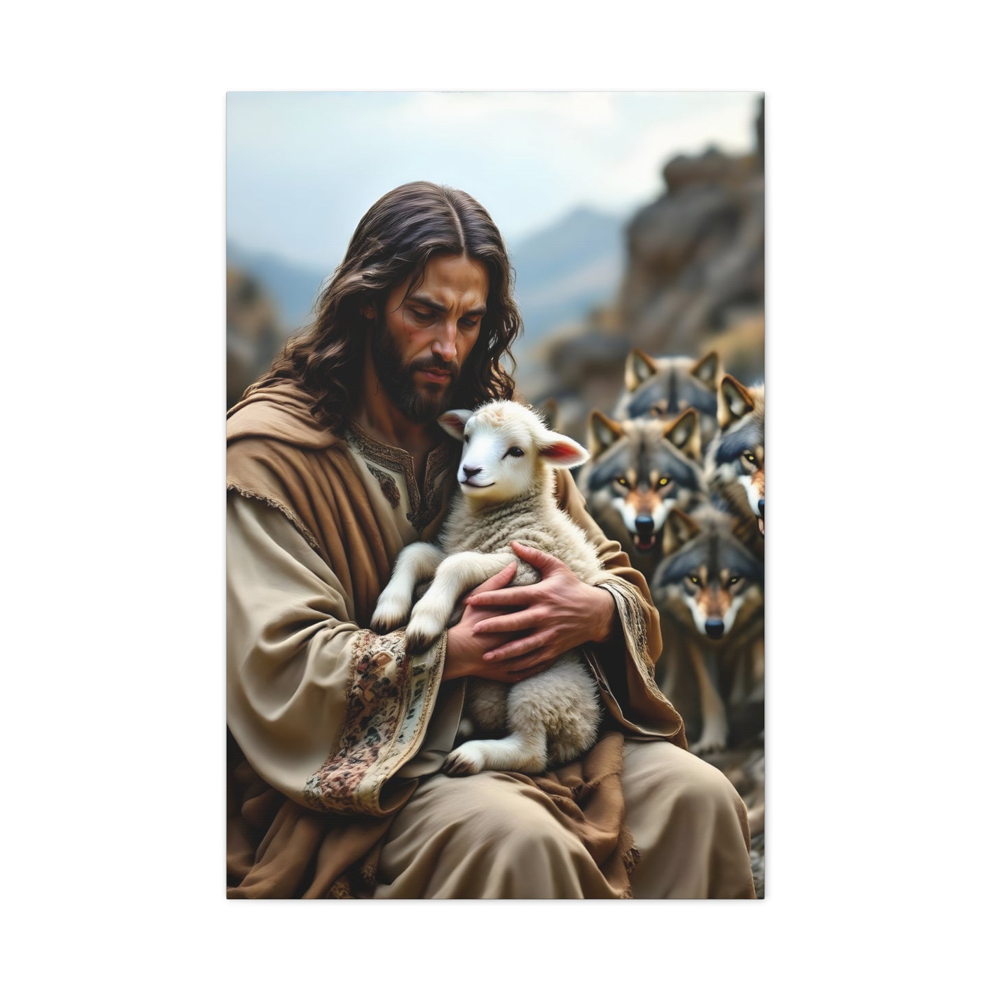 Faith Inspirational Matte Canvas Art - Jesus with Lamb and Wolves - Home Decor for Faith and Spirituality