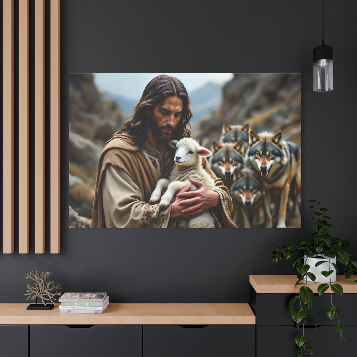 Faith Inspirational Matte Canvas Art - Jesus with Lamb and Wolves - Home Decor for Faith and Spirituality