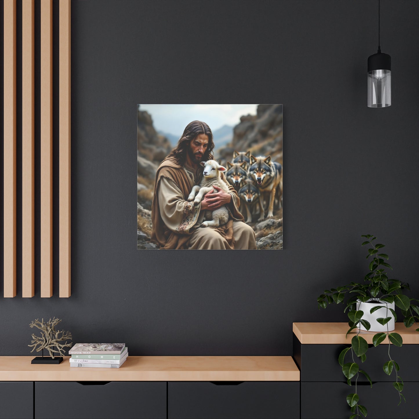 Faith Inspirational Matte Canvas Art - Jesus with Lamb and Wolves - Home Decor for Faith and Spirituality