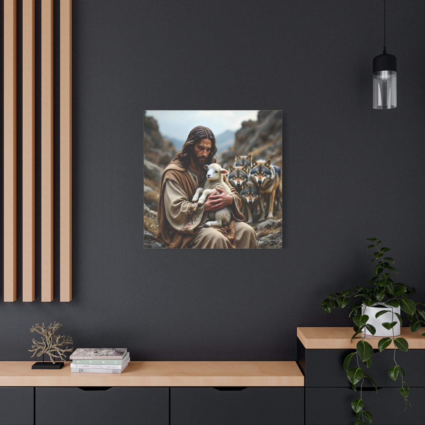 Faith Inspirational Matte Canvas Art - Jesus with Lamb and Wolves - Home Decor for Faith and Spirituality