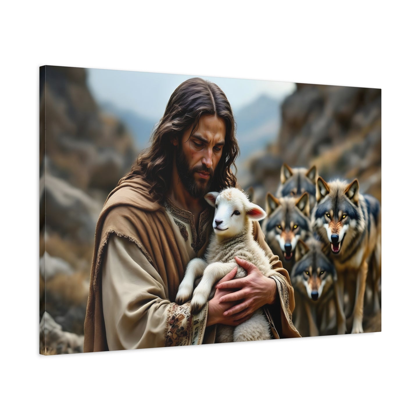 Faith Inspirational Matte Canvas Art - Jesus with Lamb and Wolves - Home Decor for Faith and Spirituality