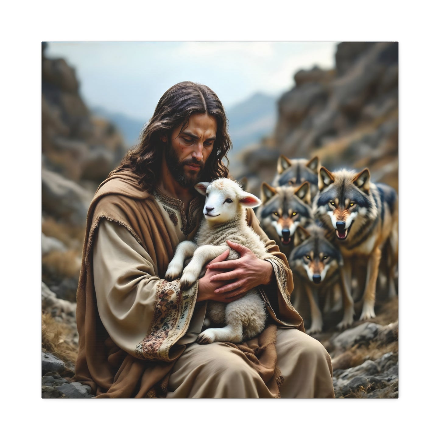 Faith Inspirational Matte Canvas Art - Jesus with Lamb and Wolves - Home Decor for Faith and Spirituality