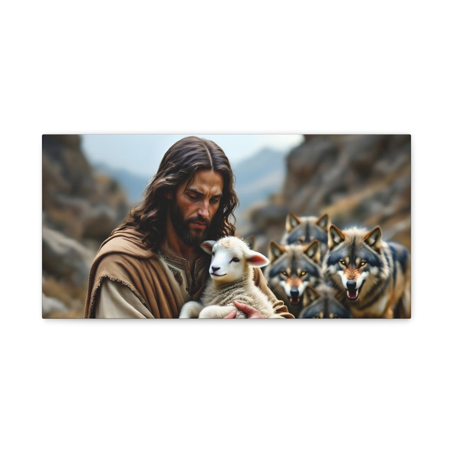 Faith Inspirational Matte Canvas Art - Jesus with Lamb and Wolves - Home Decor for Faith and Spirituality