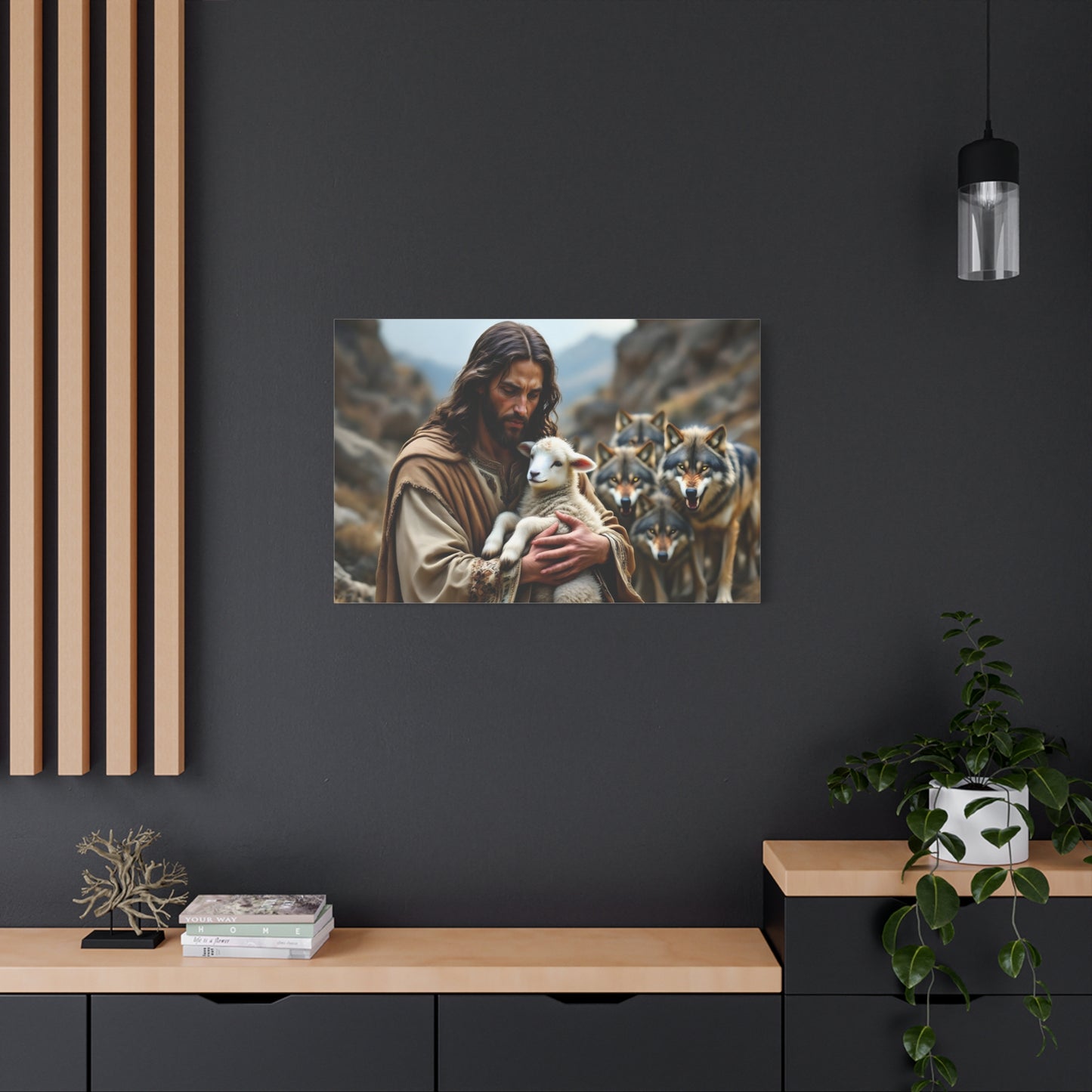 Faith Inspirational Matte Canvas Art - Jesus with Lamb and Wolves - Home Decor for Faith and Spirituality