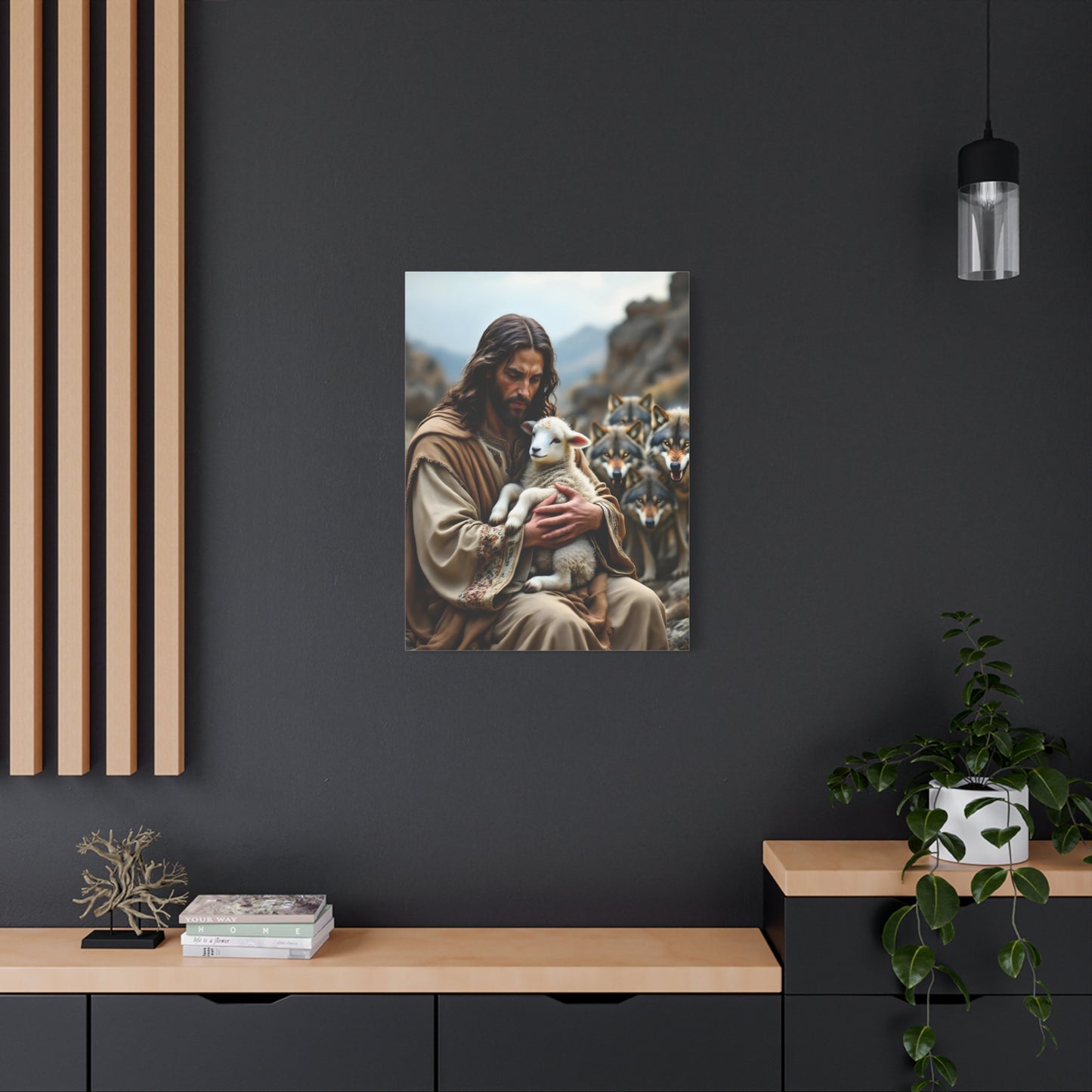 Faith Inspirational Matte Canvas Art - Jesus with Lamb and Wolves - Home Decor for Faith and Spirituality