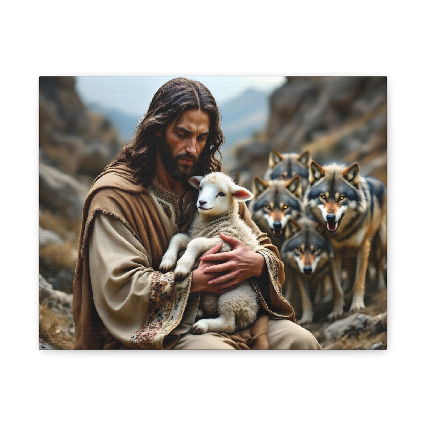 Faith Inspirational Matte Canvas Art - Jesus with Lamb and Wolves - Home Decor for Faith and Spirituality