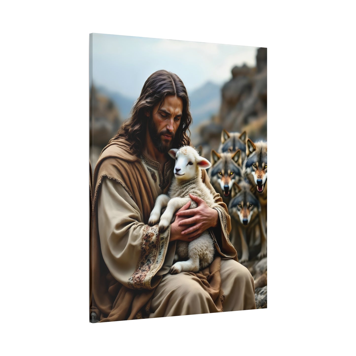 Faith Inspirational Matte Canvas Art - Jesus with Lamb and Wolves - Home Decor for Faith and Spirituality