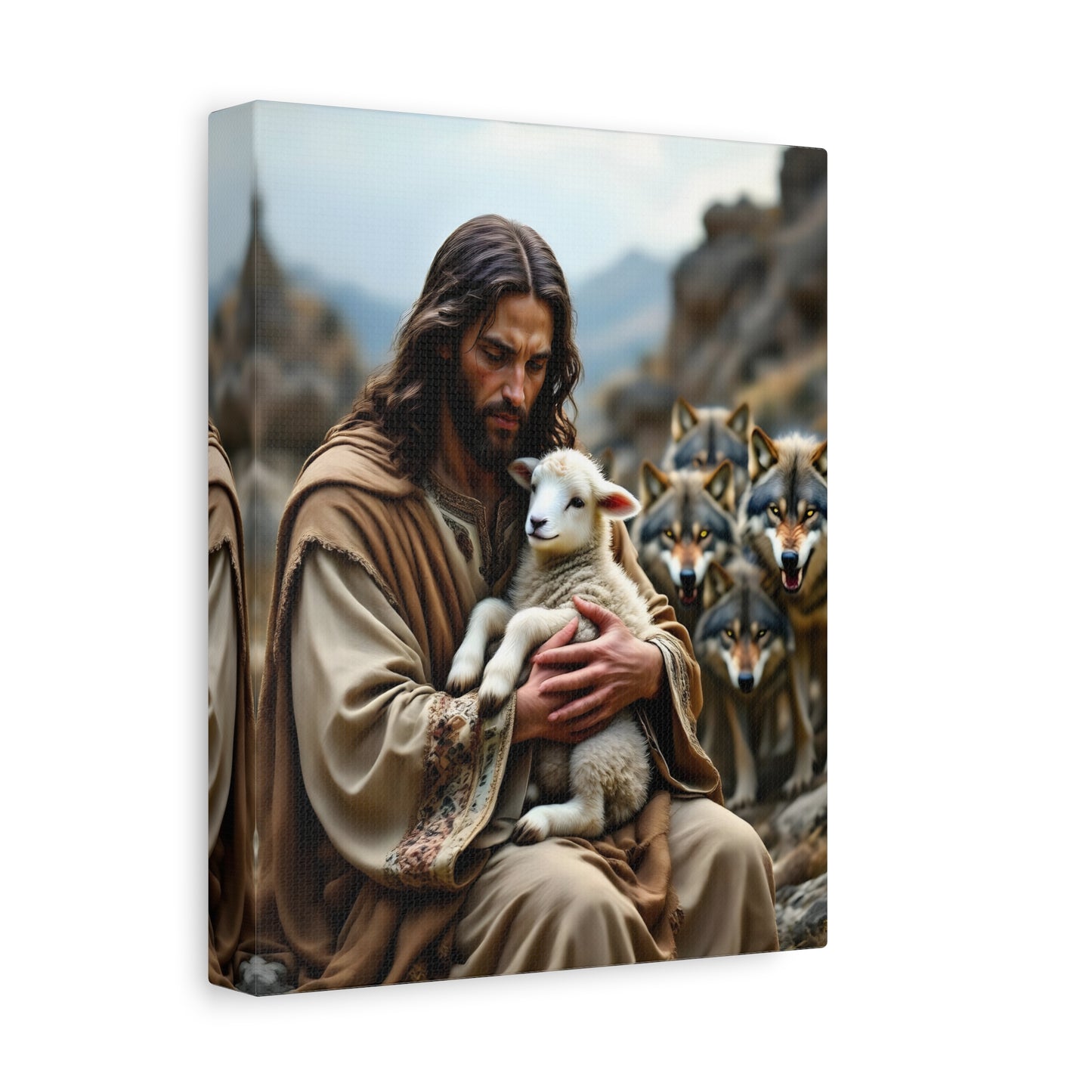 Faith Inspirational Matte Canvas Art - Jesus with Lamb and Wolves - Home Decor for Faith and Spirituality
