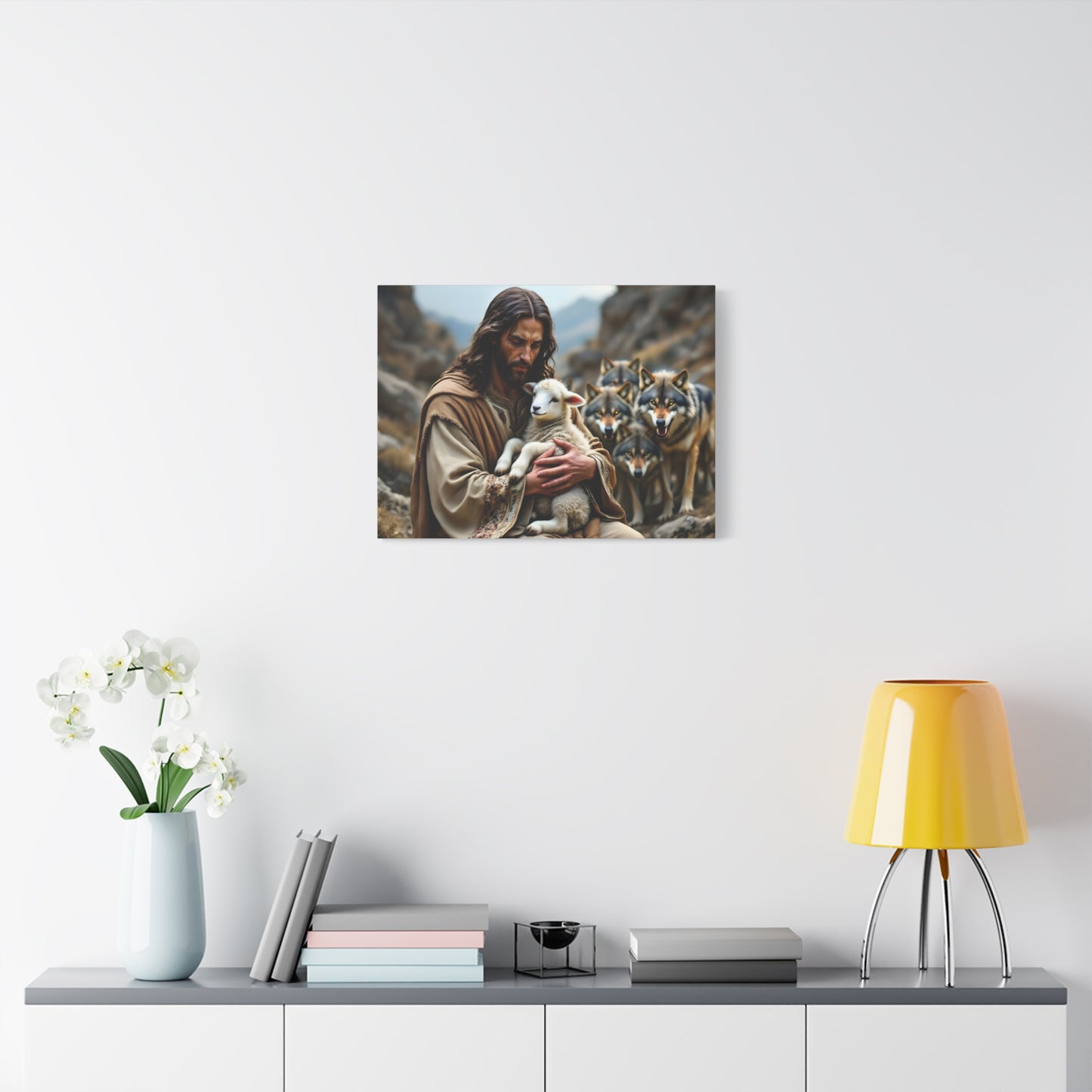 Faith Inspirational Matte Canvas Art - Jesus with Lamb and Wolves - Home Decor for Faith and Spirituality