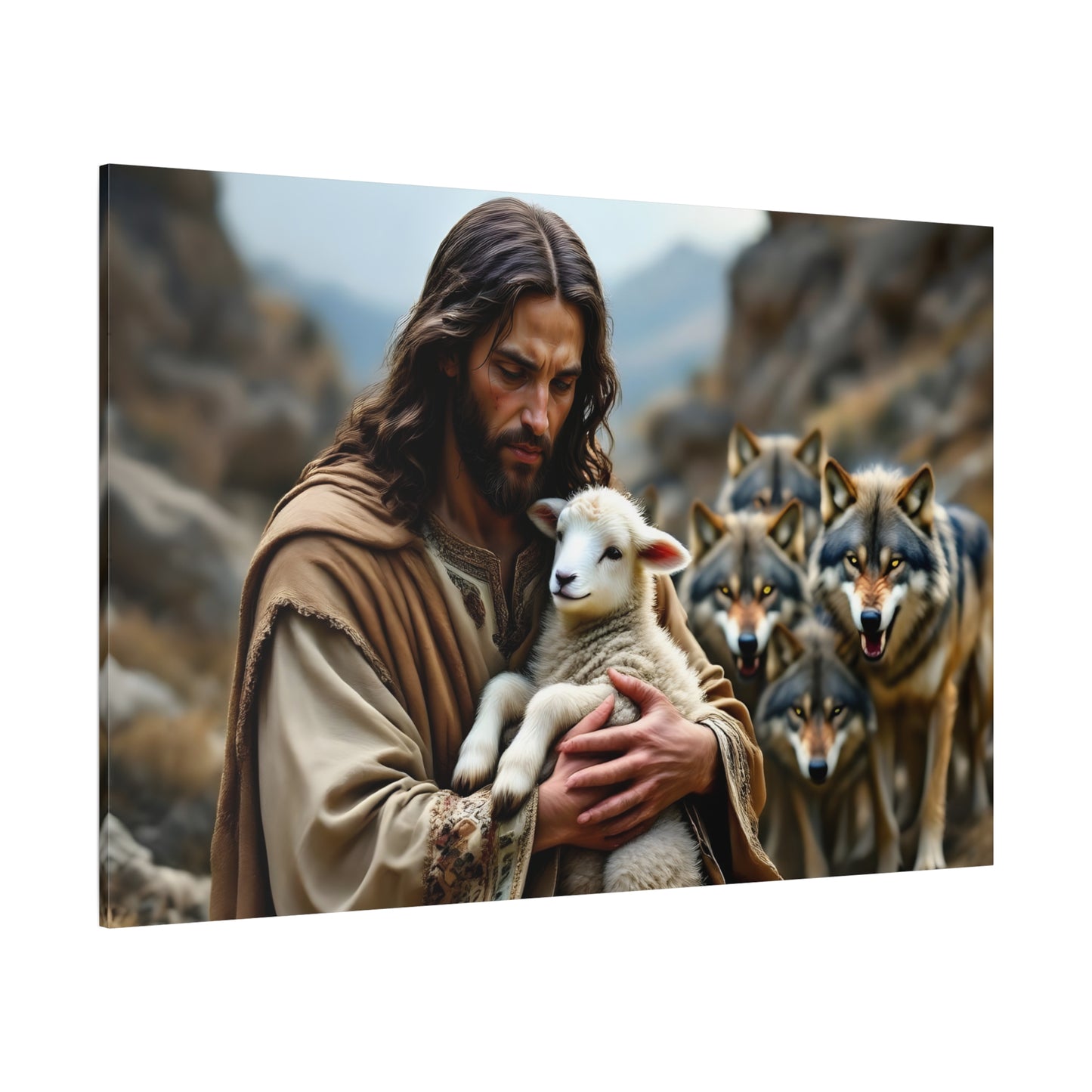 Faith Inspirational Matte Canvas Art - Jesus with Lamb and Wolves - Home Decor for Faith and Spirituality